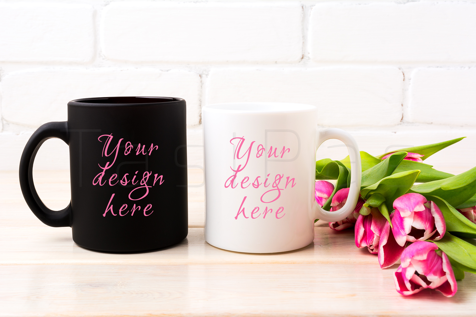 Download White and black mug mockup with rich magenta pink tulips ...