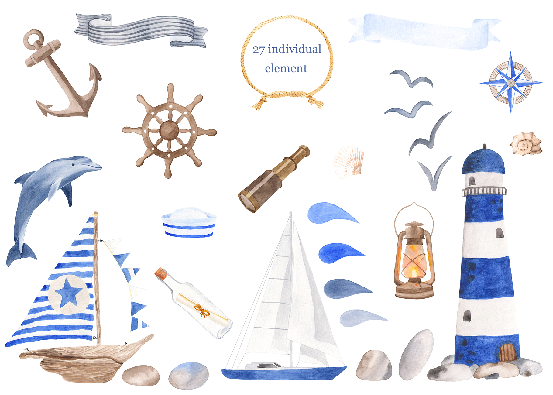 Download Nautical set watercolor clipart. lighthouse, boat, lantern