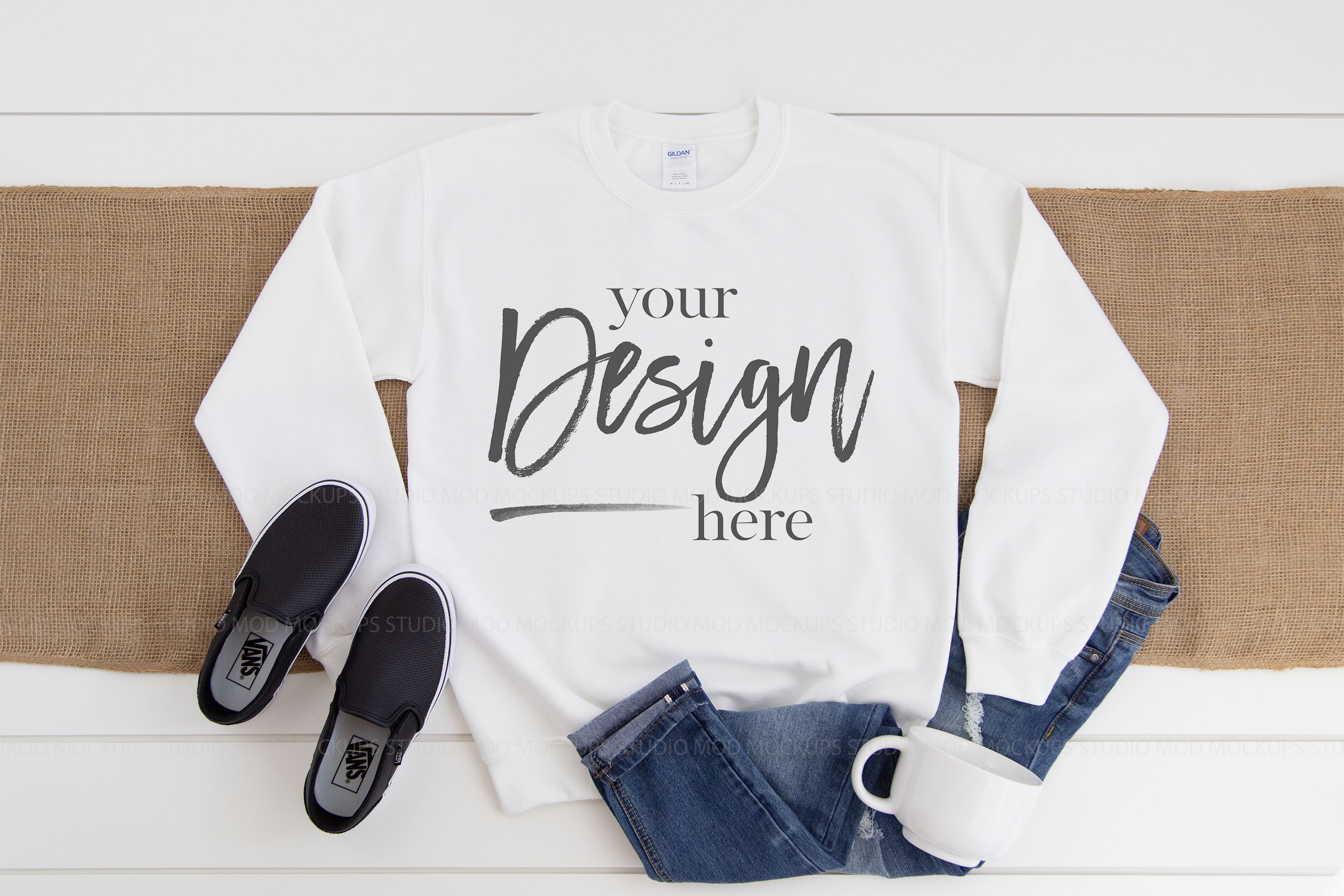 Gildan 18000 Mockup | Sweatshirt Mockup WHITE (315412) | Mock Ups | Design Bundles