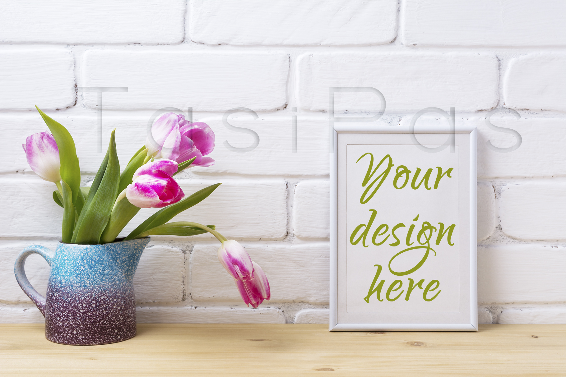 Download White small frame mockup with pink tulip in purple blue ...