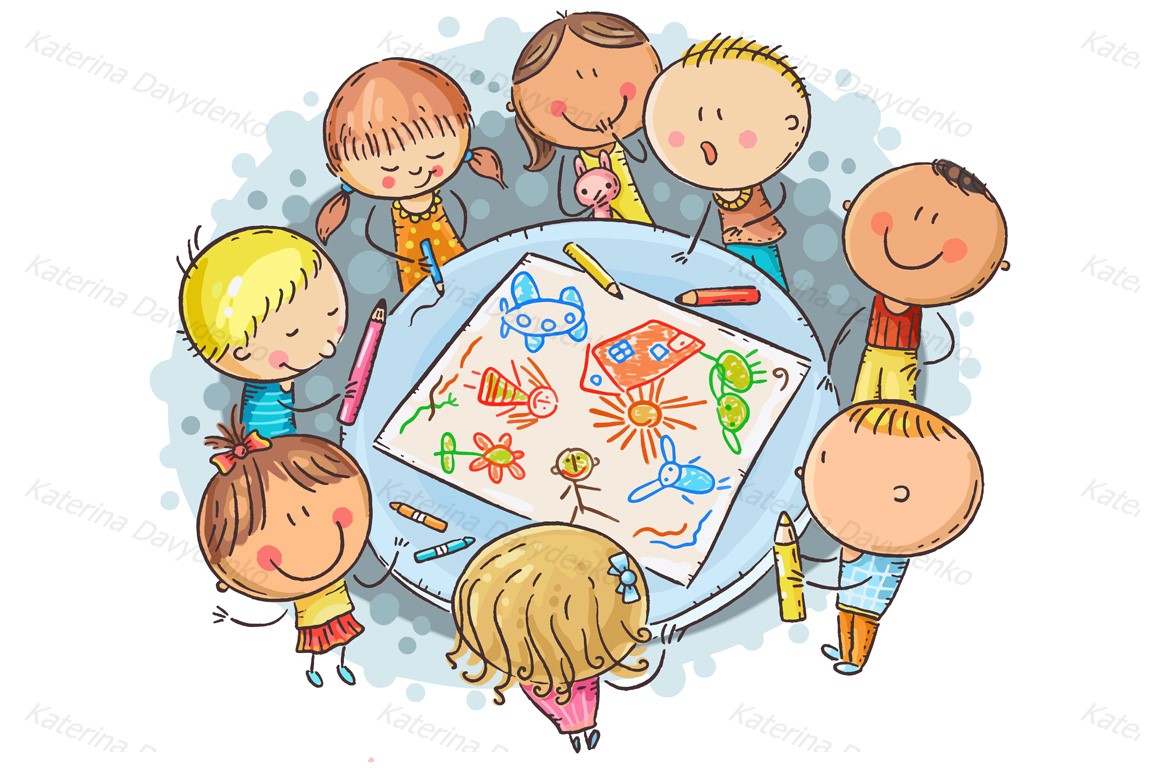 Doodle kids drawing together (268256) Illustrations Design Bundles