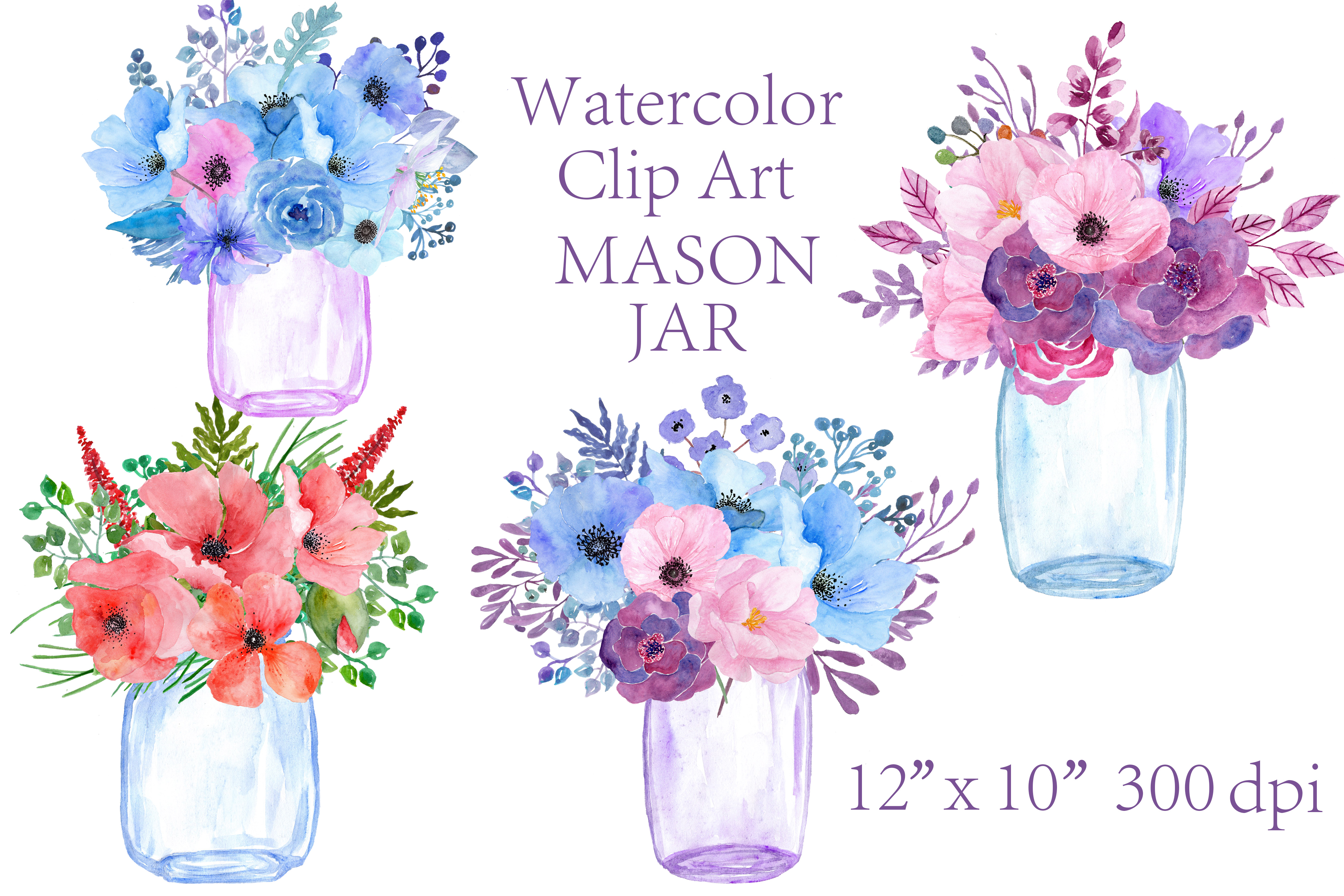 Watercolor floral Mason Jars clipart