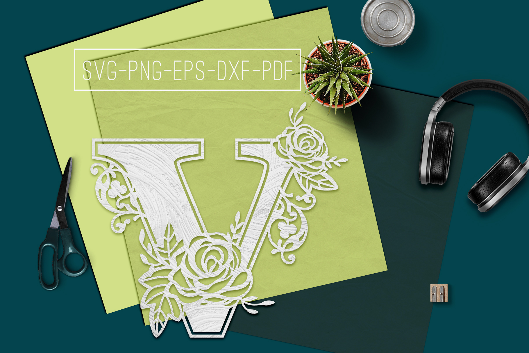 Download Floral Font V Paper Cut Template, Wedding Day SVG, PDF, DXF