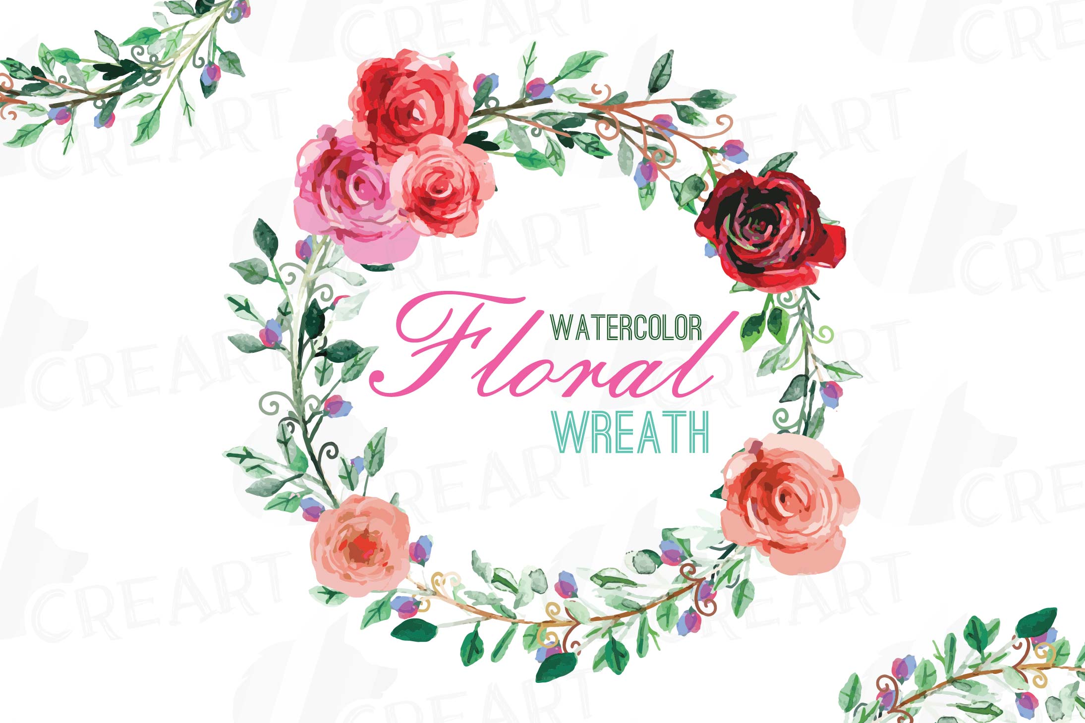 Download Floral wreath clip art, watercolor wreath with flowers png (106496) | Illustrations | Design Bundles