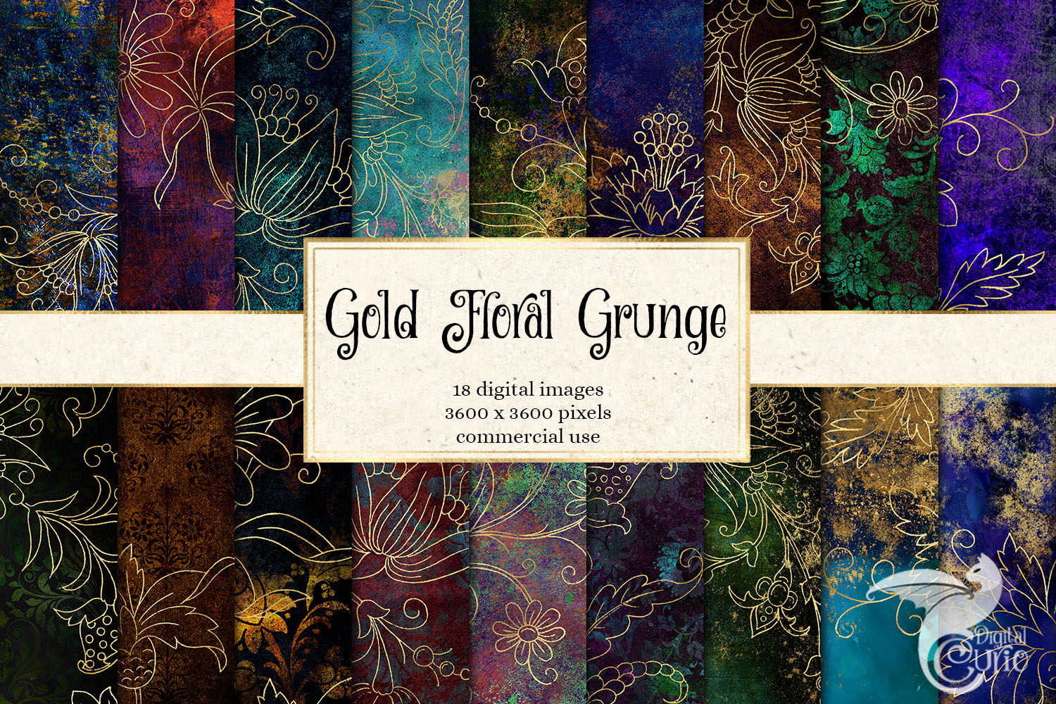 Download Gold Floral Grunge Digital Paper
