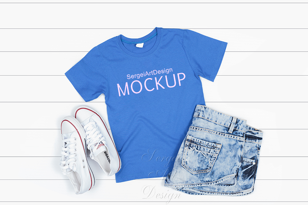 Download Light Blue Kids T-shirt Mockup, Stock Photography (168841) | Mock Ups | Design Bundles