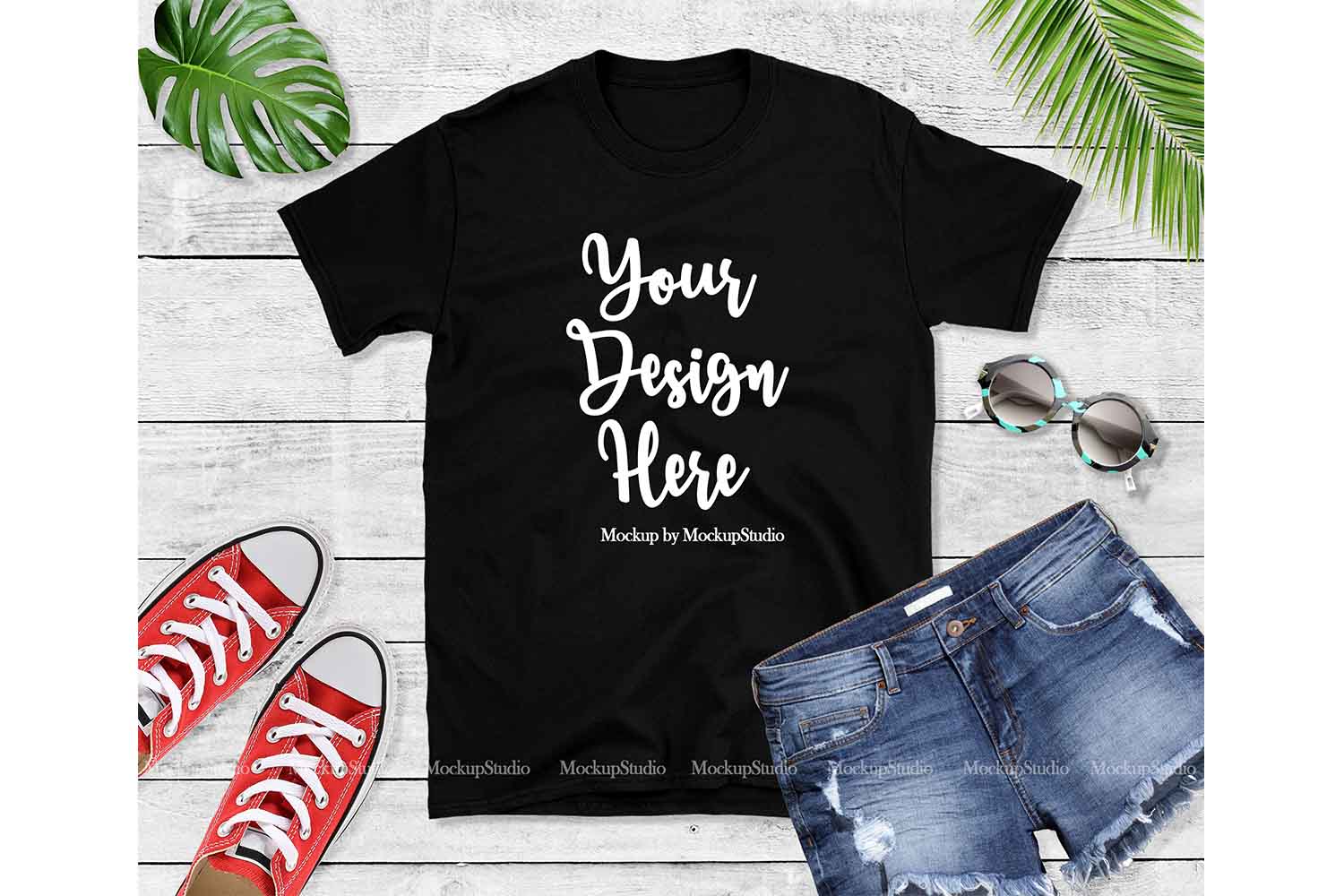 Download Black Tshirt Mockup, Gildan 64000 Shirt Flat Lay Display