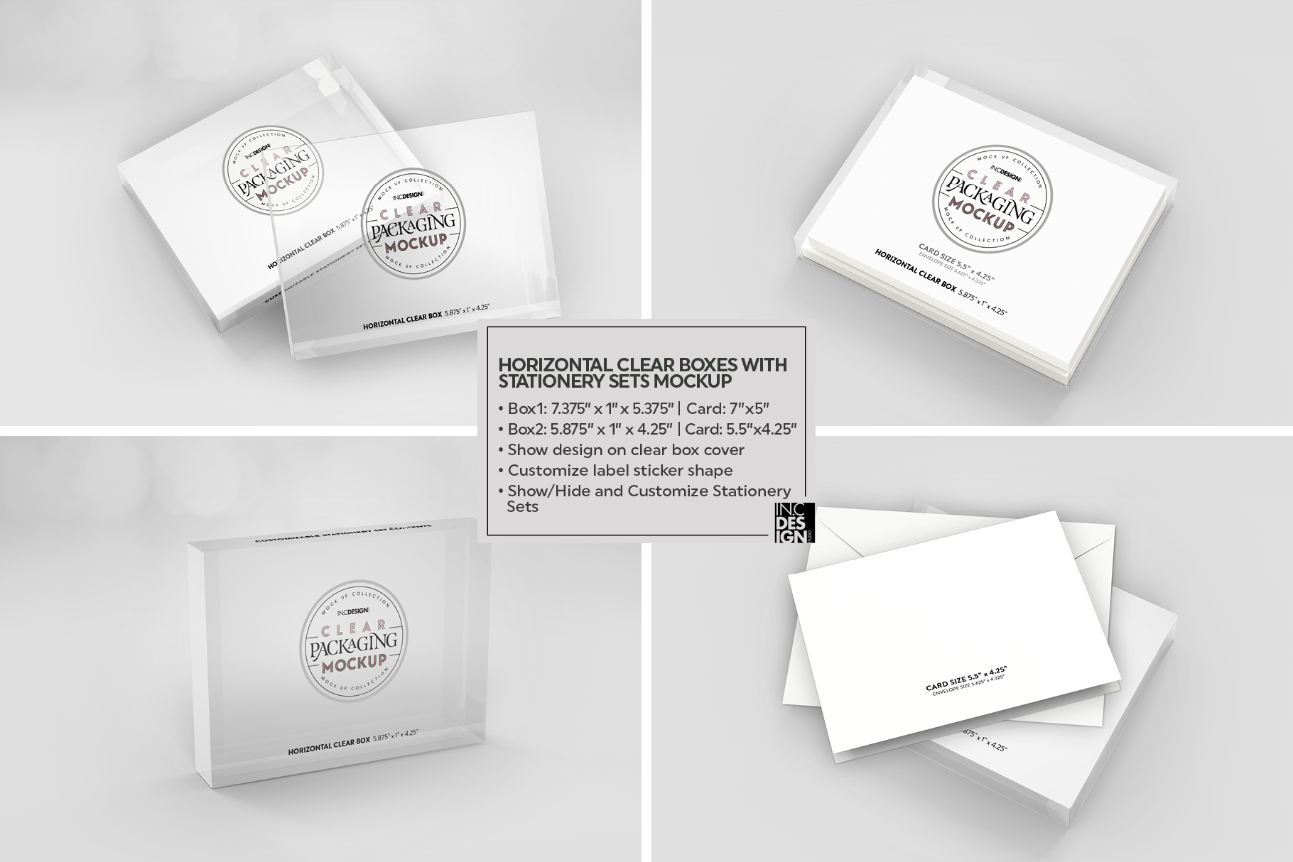 Clear Horizontal Boxes with Stationery Set Packaging Mockup
