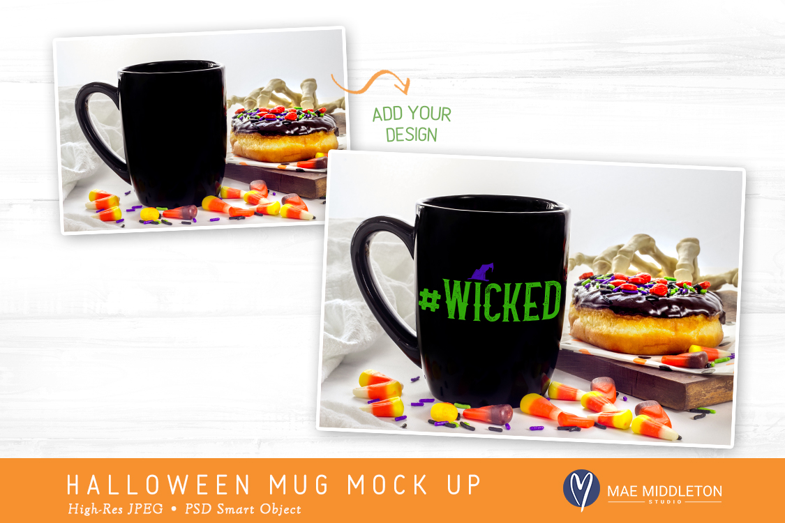 Download Halloween Mock up, Black mug with donut - JPEG & PSD formats (139648) | Seasonal | Design Bundles