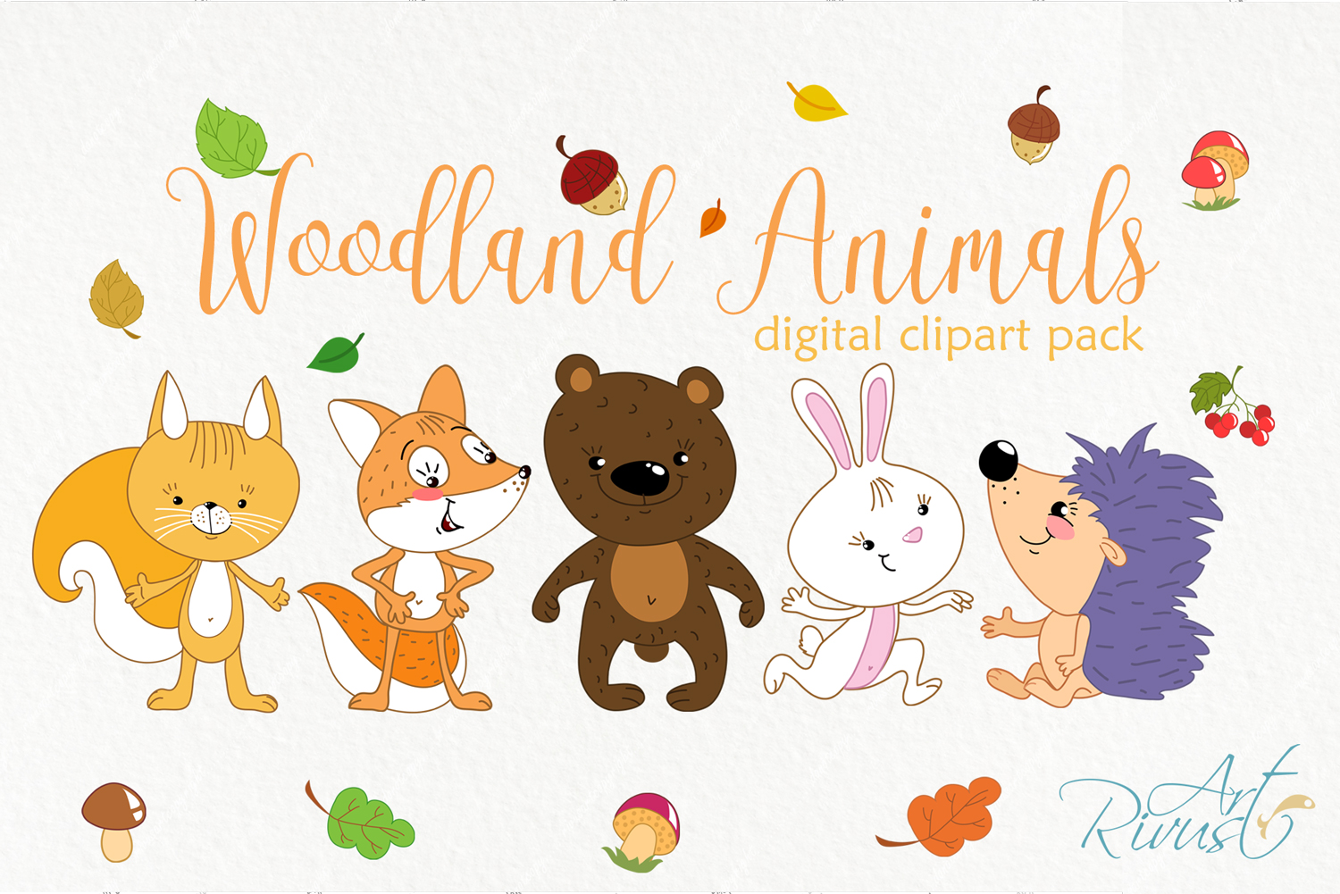 Forest friends clipart. Woodland cute animals clip art. (280792