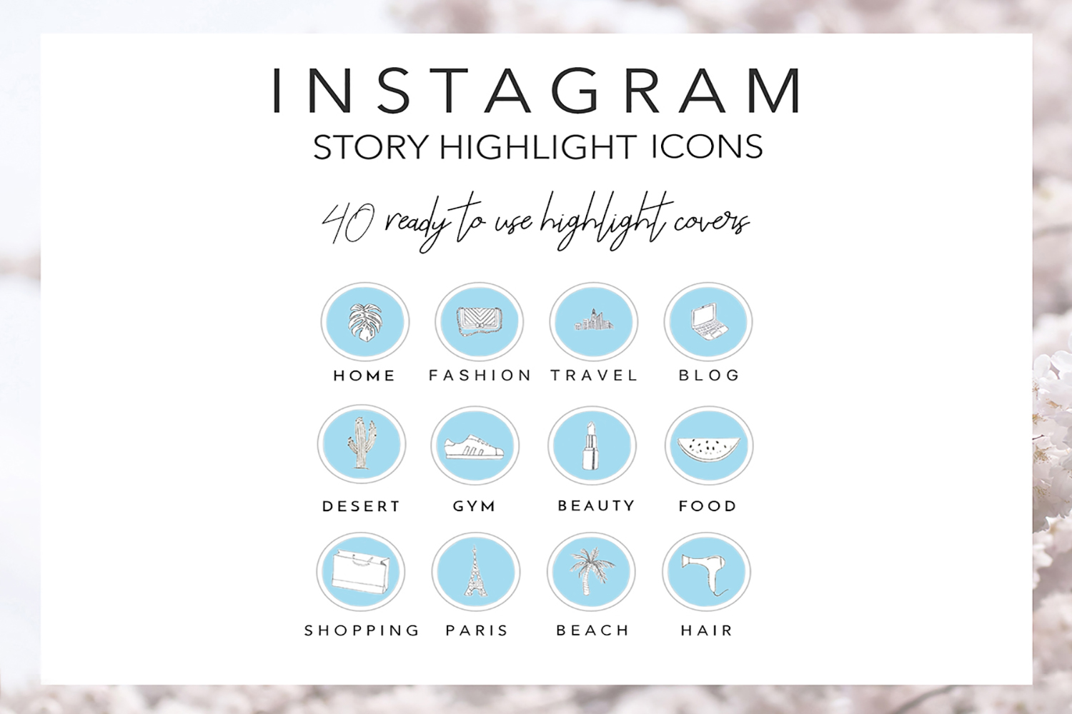 40 Instagram Story Highlights Icons in Blue, Hand Drawn