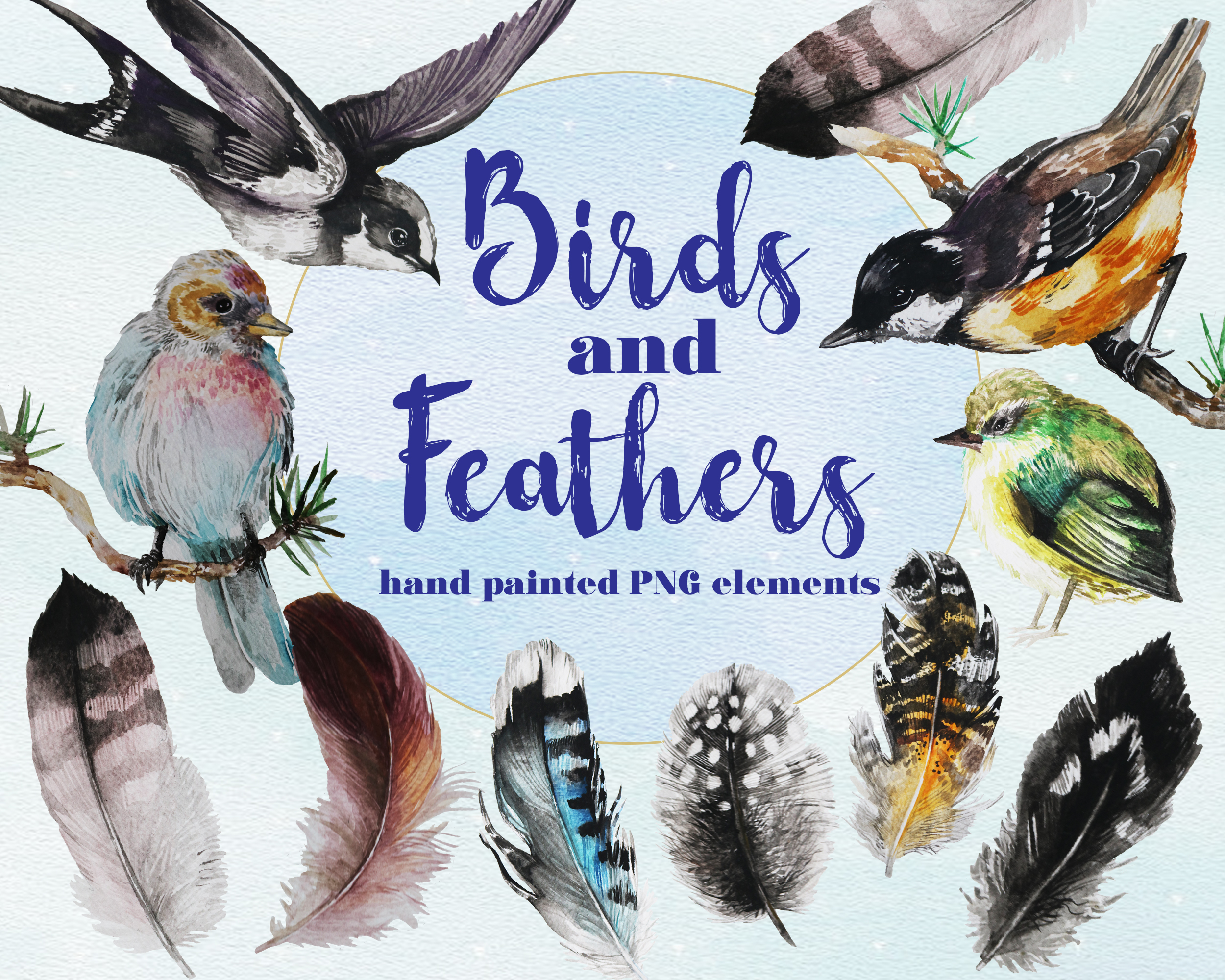 Download Birds And Feathers Hand Painted Watercolor Clip Art Set