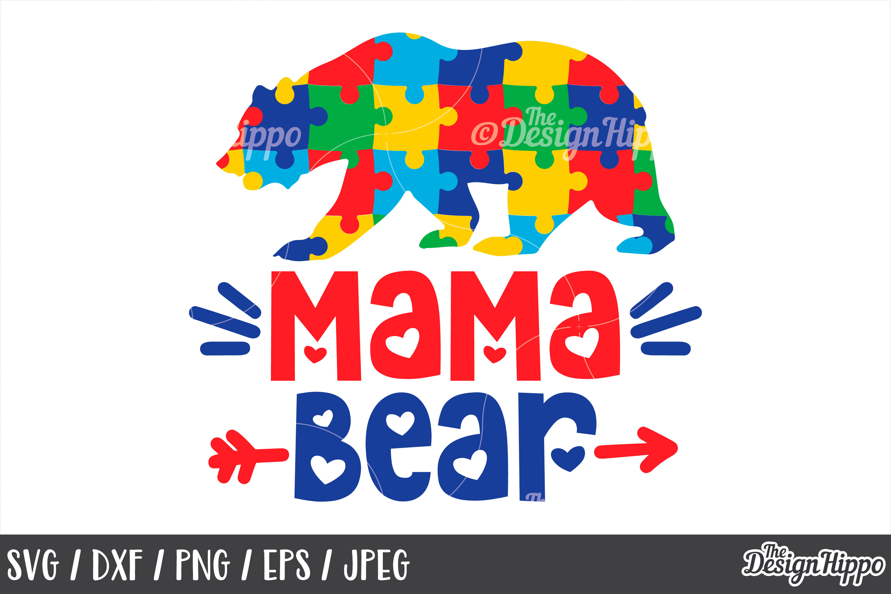 Download Autism Mom, Mama Bear, Puzzle Pieces, Hearts, SVG DXF PNG