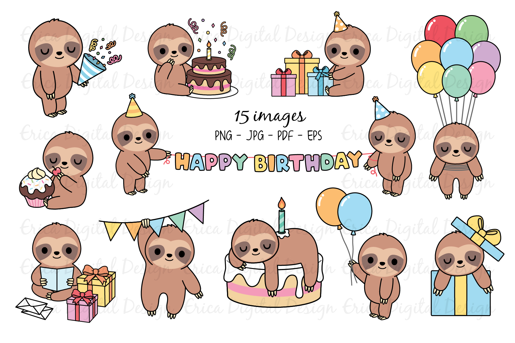 Birthday Sloths clipart set - 15 sloth party images - Bundle (520471