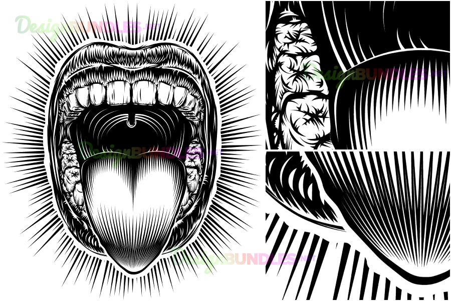 Vector Mouth Open Tongue Scream Vintage Ink Hand Drawing Set