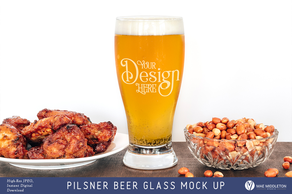 Download Pilsner Beer Glass with side dishes - Mock up, styled photo (260550) | Household | Design Bundles