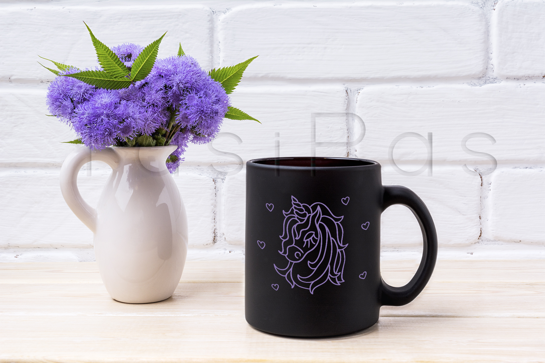 Download Black coffee mug mockup with blue Ageratum in pitcher (107951) | Mock Ups | Design Bundles