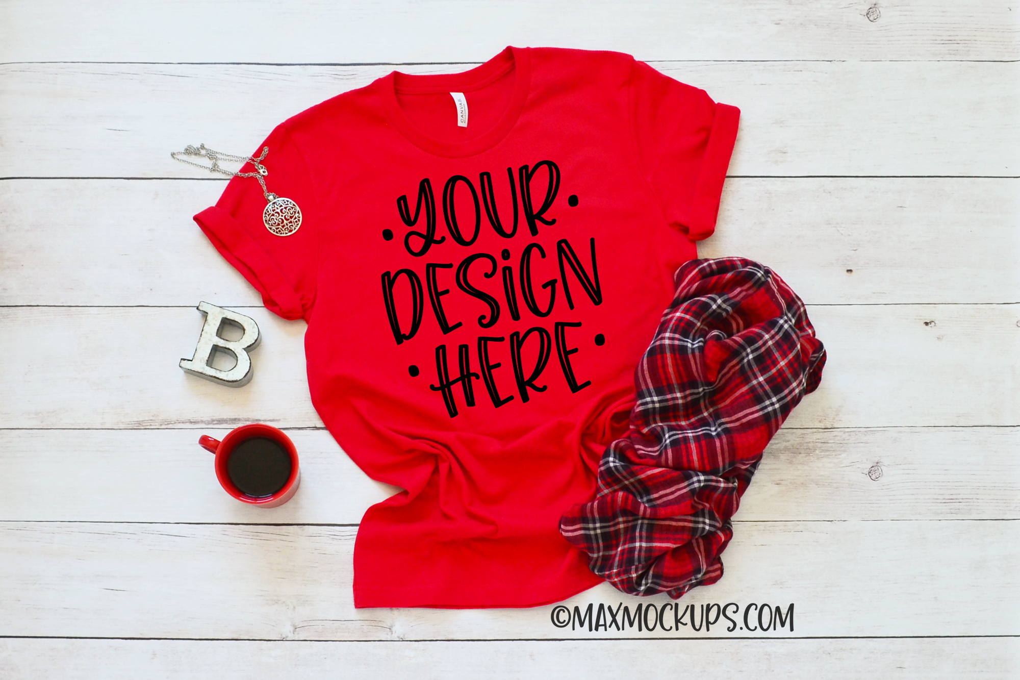 Download Red t-shirt mockup Bella Canvas 3001, coffee and plaid