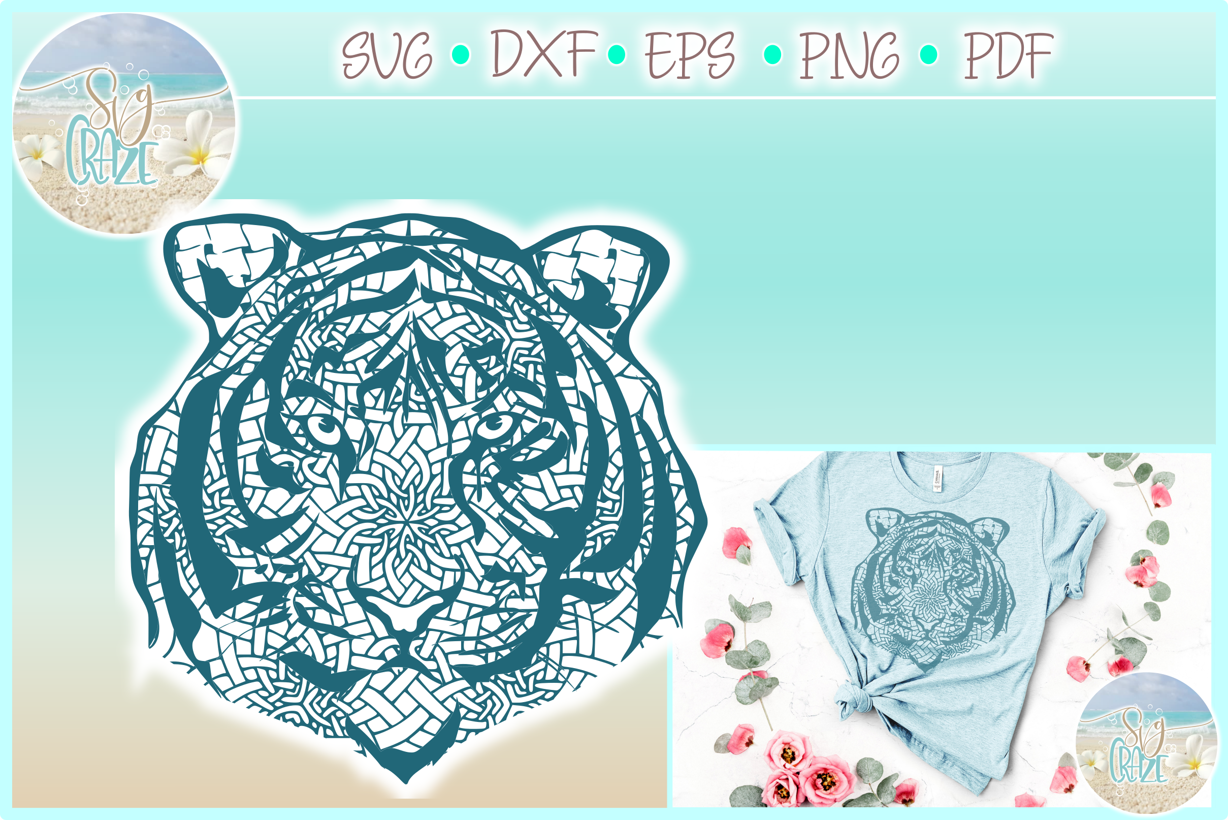 Tiger Mandala Zentangle SVG Dxf Eps Png PDF files for Cricut