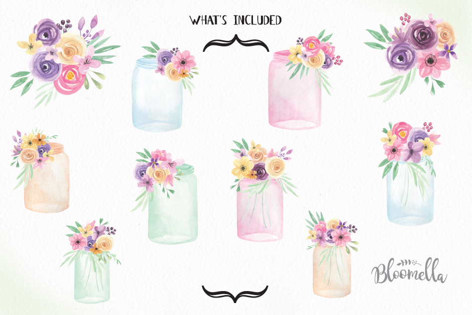 Download Watercolor Jars Floral Clipart Bouquets Flowers Florals Berries (99806) | Illustrations | Design ...
