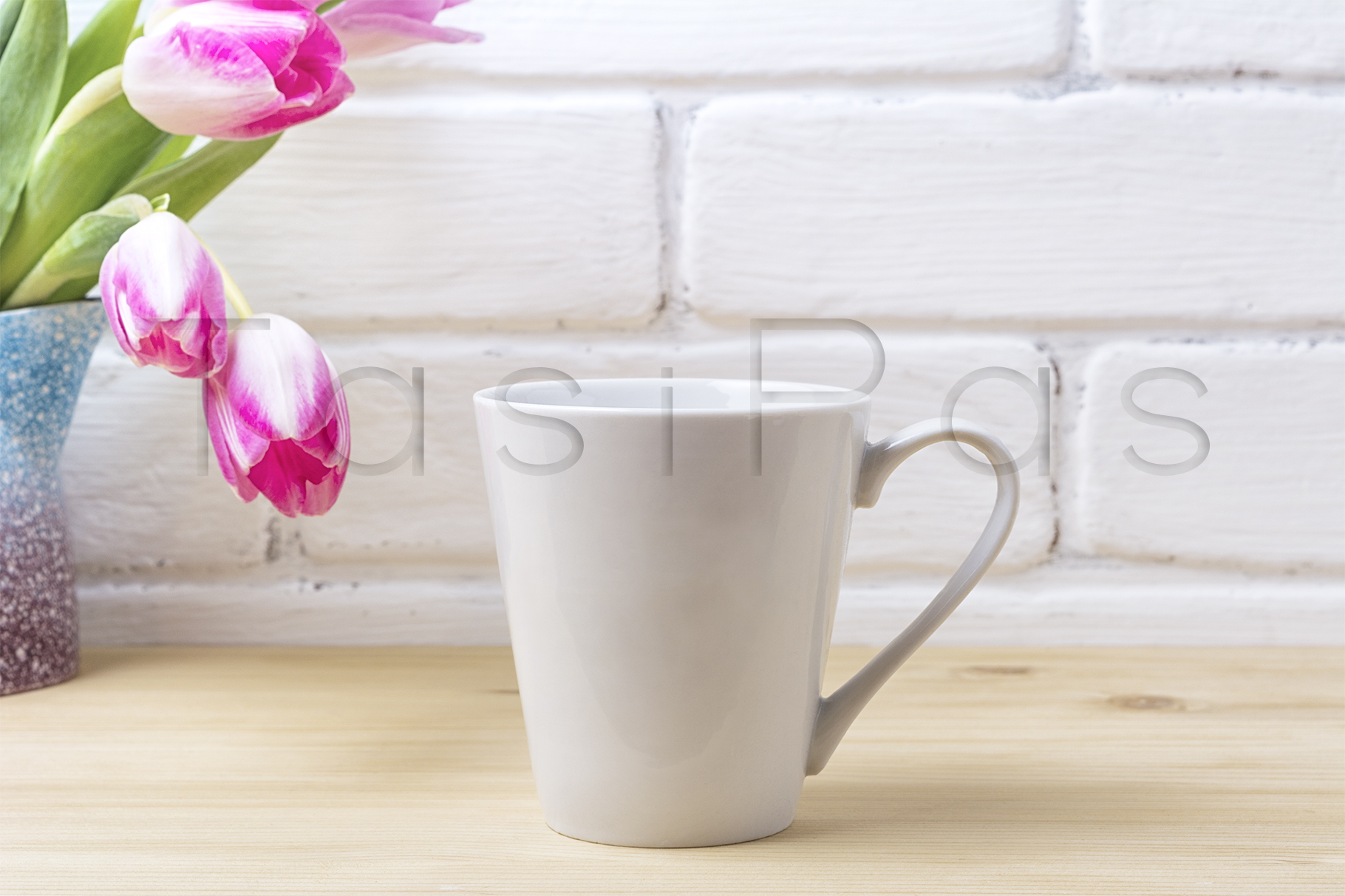 Download White latte mug mockup with magenta tulip