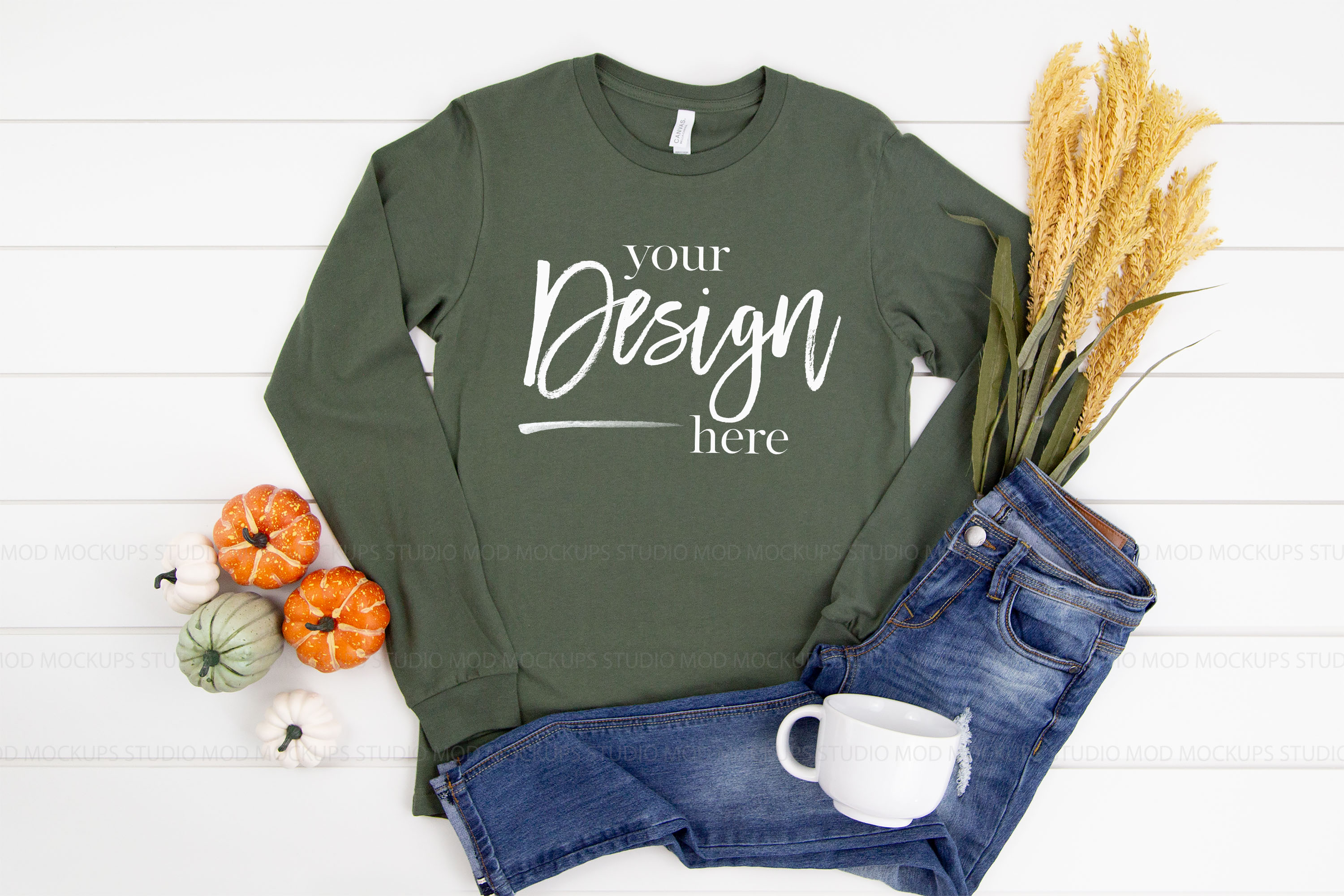 Download Long Sleeve Tshirt Mockup Military Green | 3501 Bella Canva