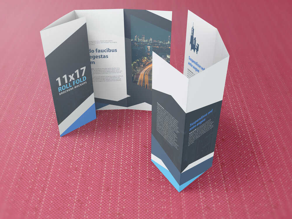 Download 11x17 Four Panel Roll Fold Brochure Mockup (41305) | Mock Ups | Design Bundles