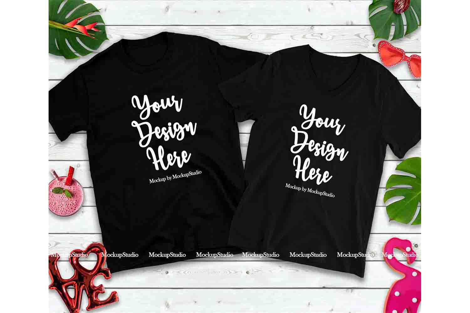 Download Matching Couple Two Black T-Shirts Mockup, Valentine Shirt (185382) | Mock Ups | Design Bundles