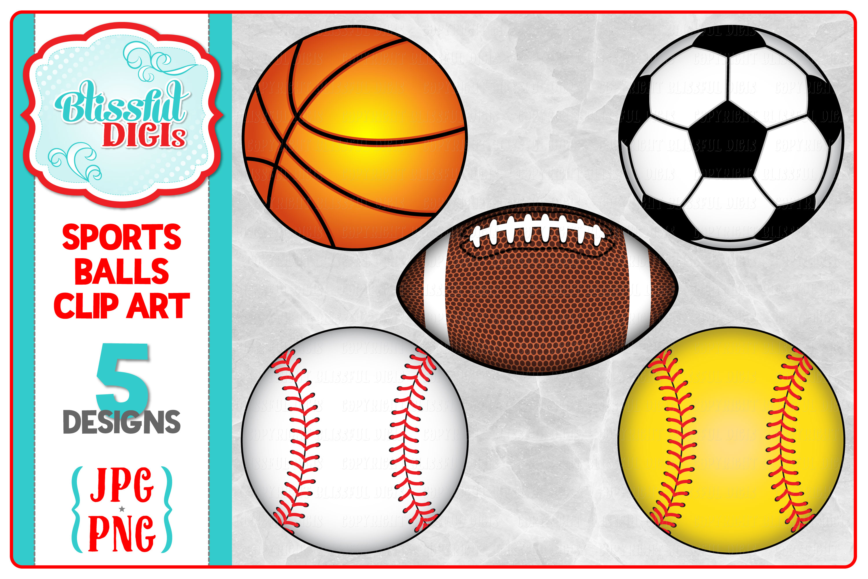 Sports Balls Clip Art - Baseball/Football/Soccer/Basketball