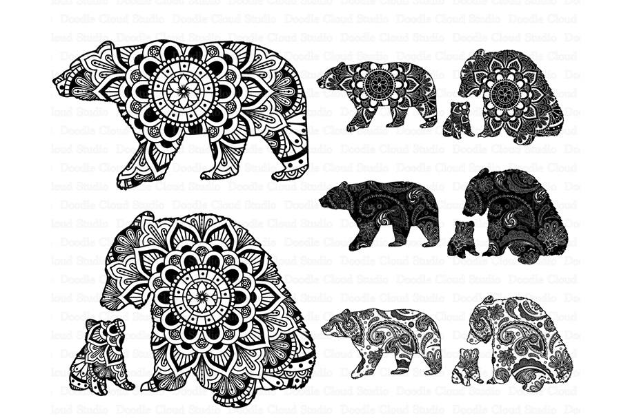 Bear Mandala SVG, Mama and Baby Bear Mandala SVG Files.