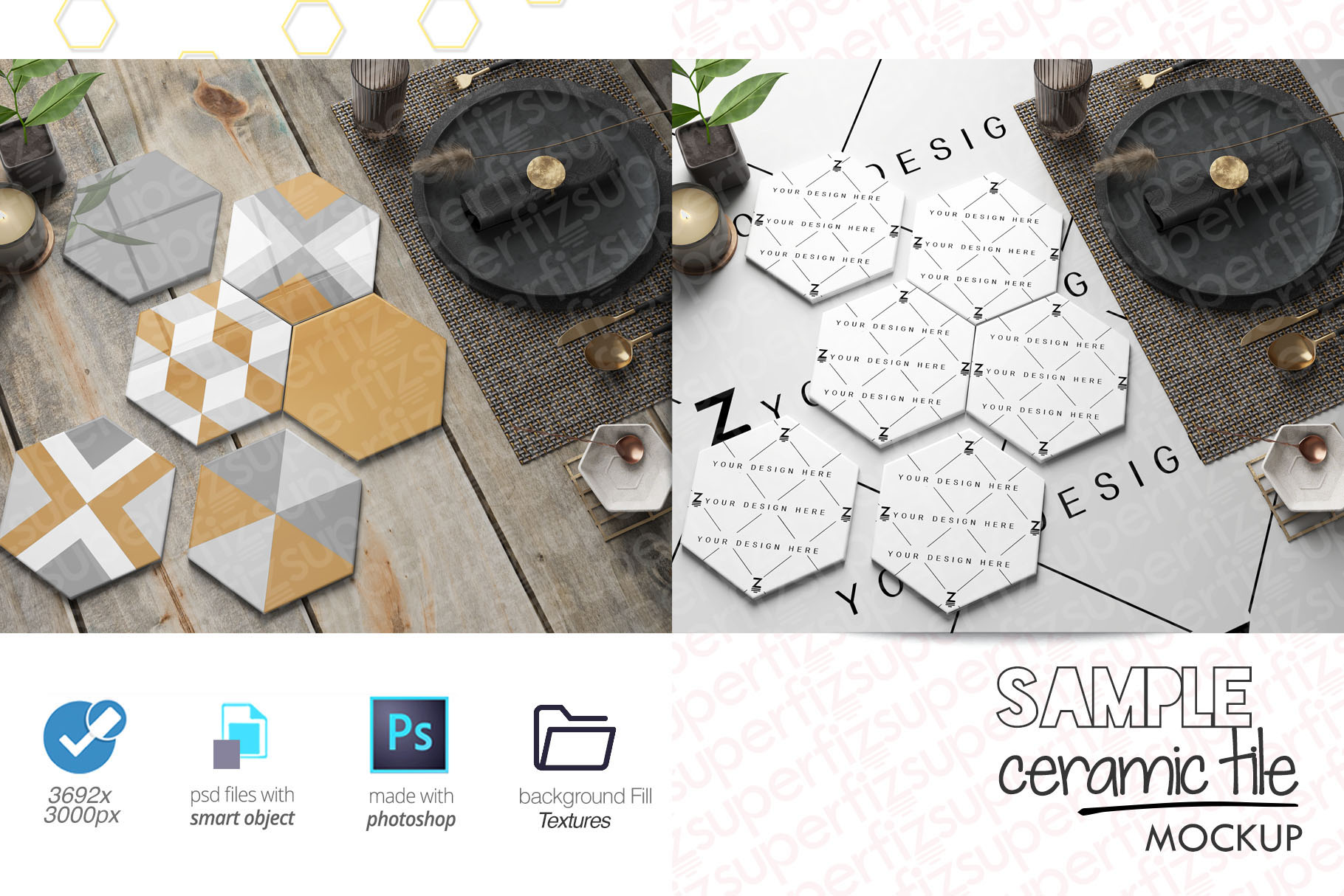 Download Sample Hexagonal Ceramic Tile Mockup PSD SM92H (306392) | Exhibition | Design Bundles