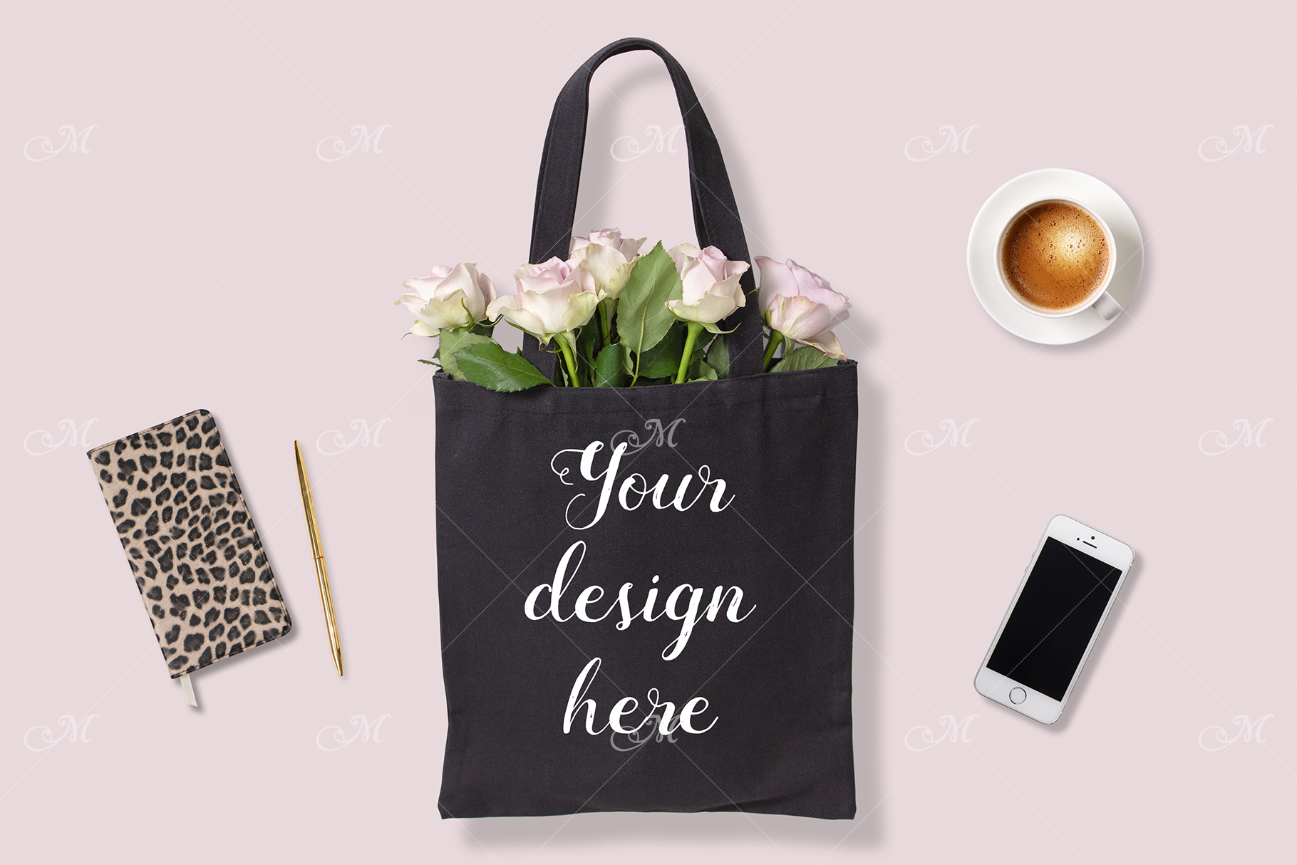 Download Black Tote Bag w Roses. PSD Mock up