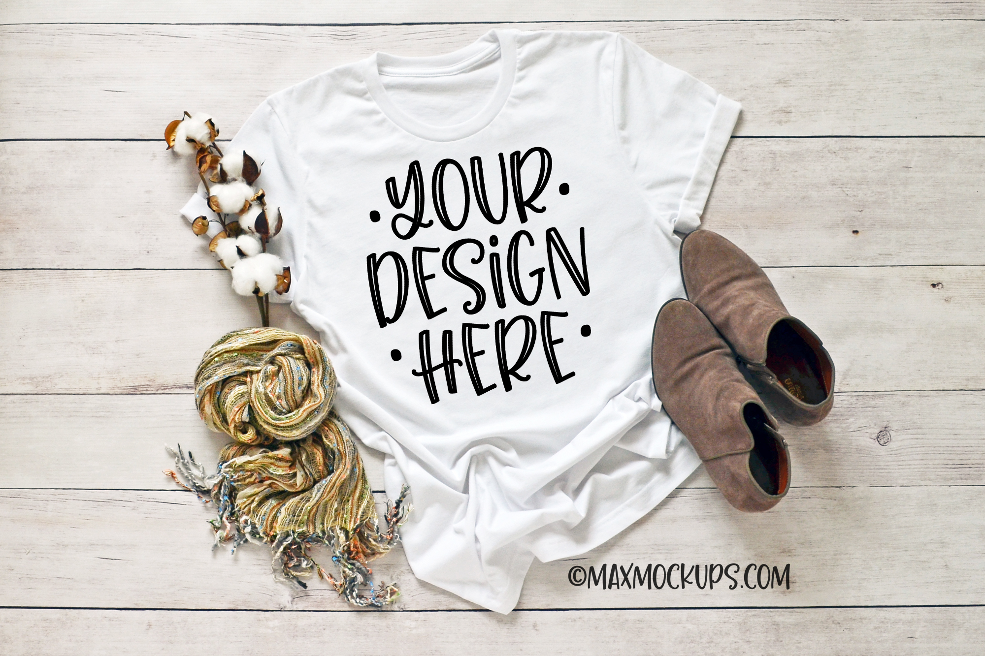 Download White t-shirt mockup Bella Canvas 3001, scarf, shoes, browns