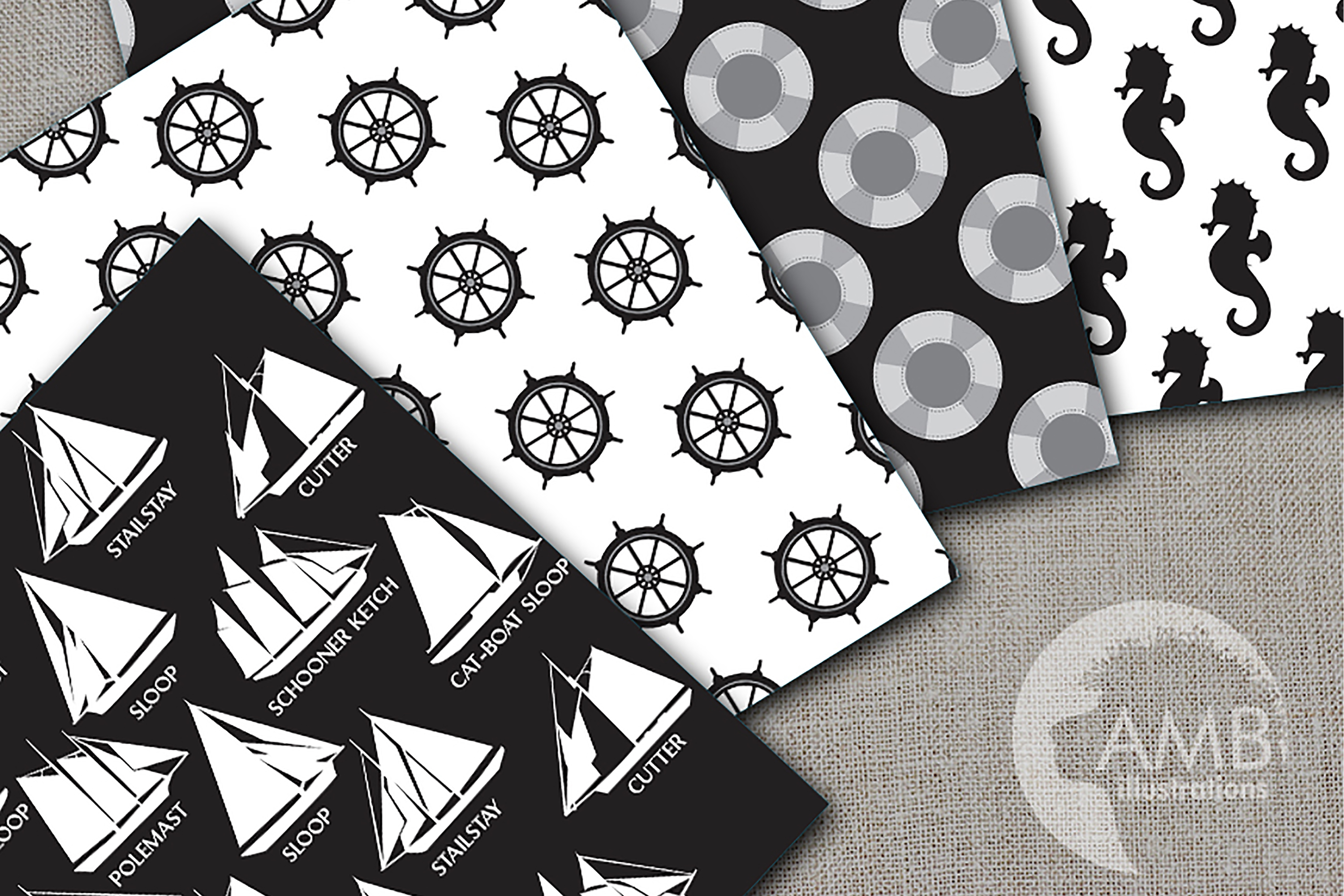 Black & White Nautical Patterns, Nautical Papers, AMB187 (107894