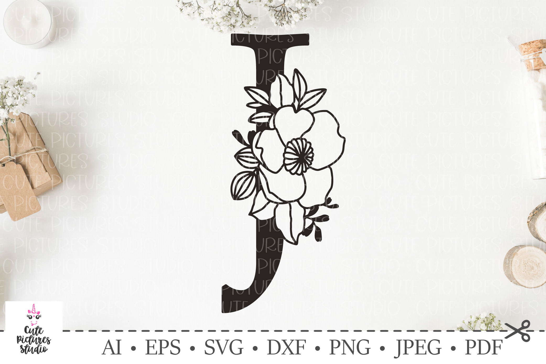 Botanical alphabet svg. Floral letter J svg. Bundle SVG, DXF