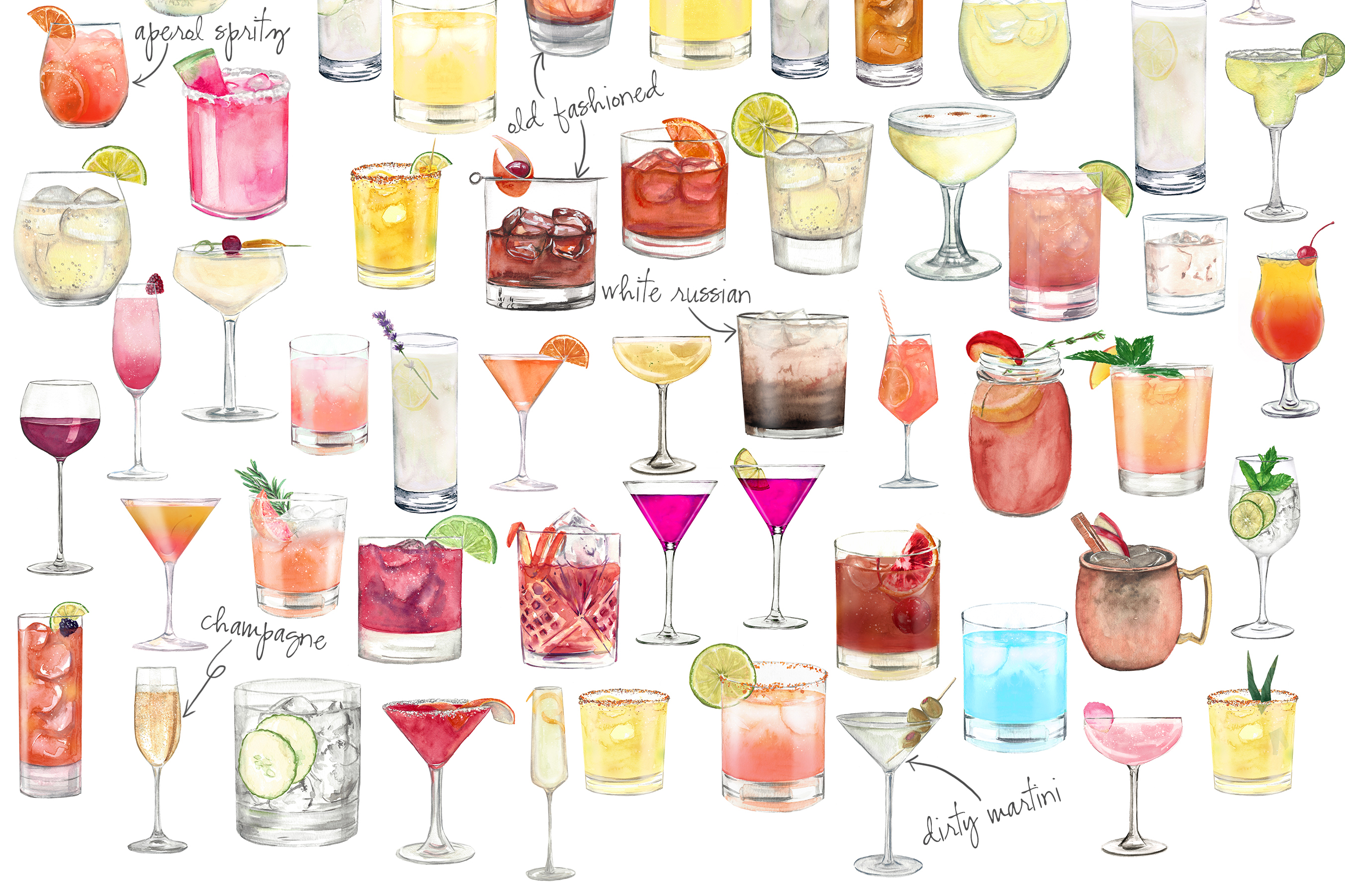 Cocktail Watercolor Clipart Drinks & Garnishes Set (308328