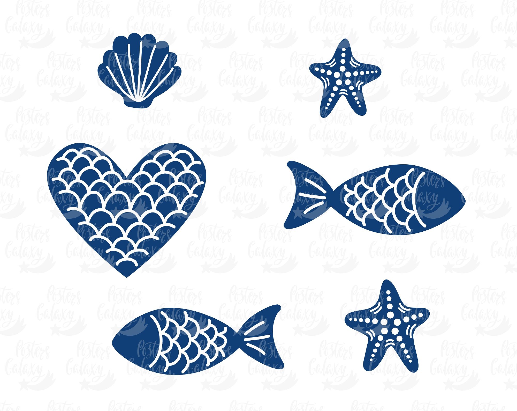 Download Mermaid tails, fishes, starfishes, shells silhouettes SVG ...