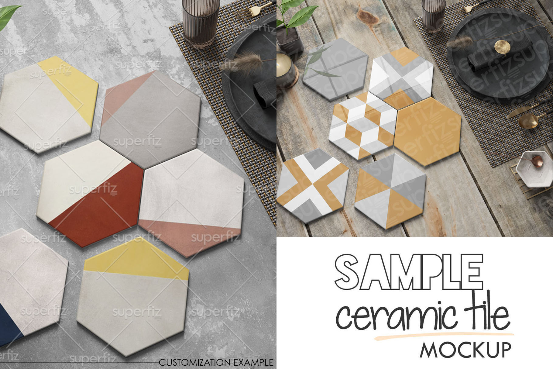Download Sample Hexagonal Ceramic Tile Mockup PSD SM92H (306392) | Exhibition | Design Bundles