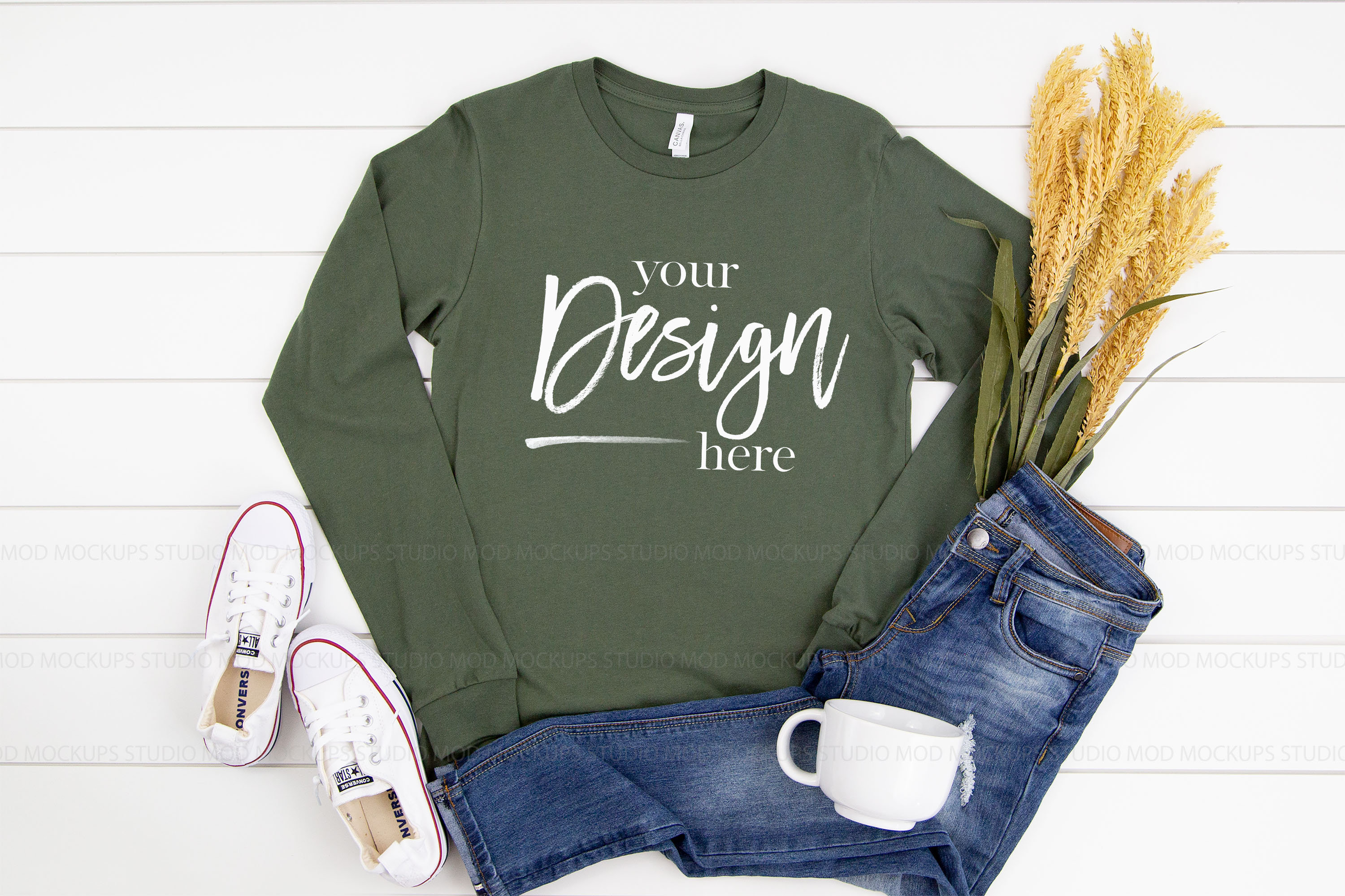 Download Long Sleeve Tshirt Mockup Military Green | 3501 Bella Canva