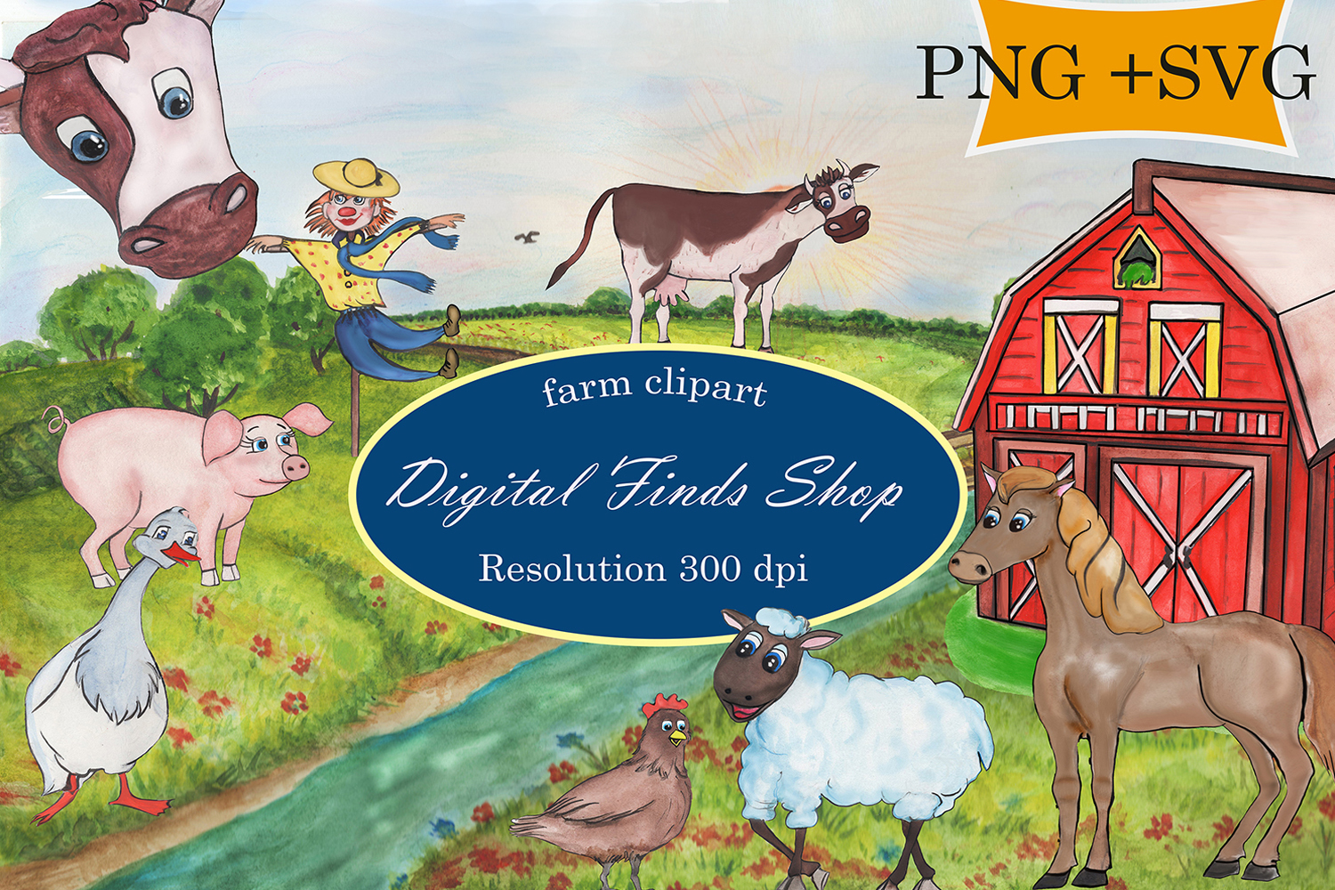 Download Farm clipart, farm animals in PNG, SVG formats watercolor (174108) | Cut Files | Design Bundles