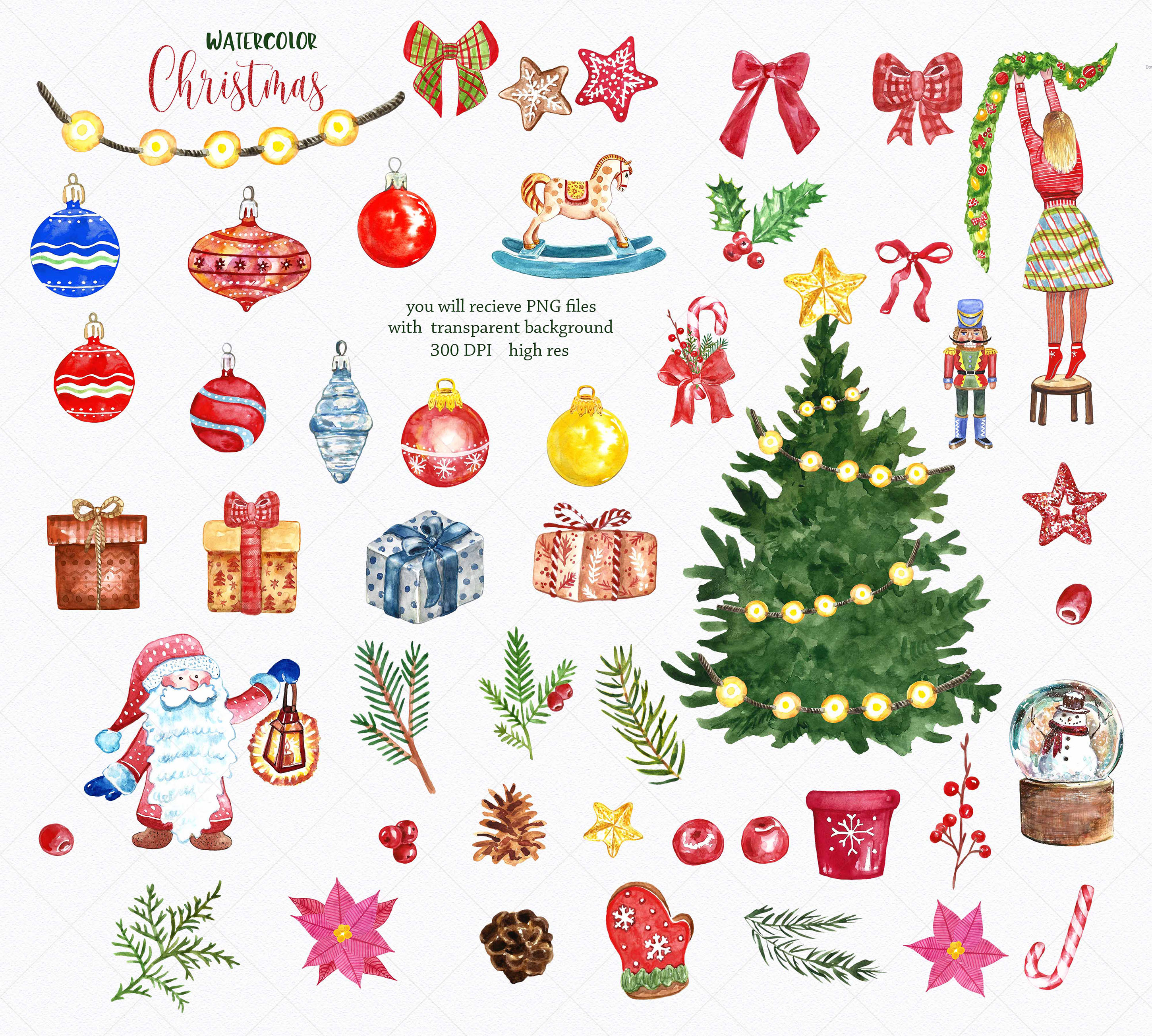 Watercolor Christmas Clipart Tree Ornaments Gift Boxes