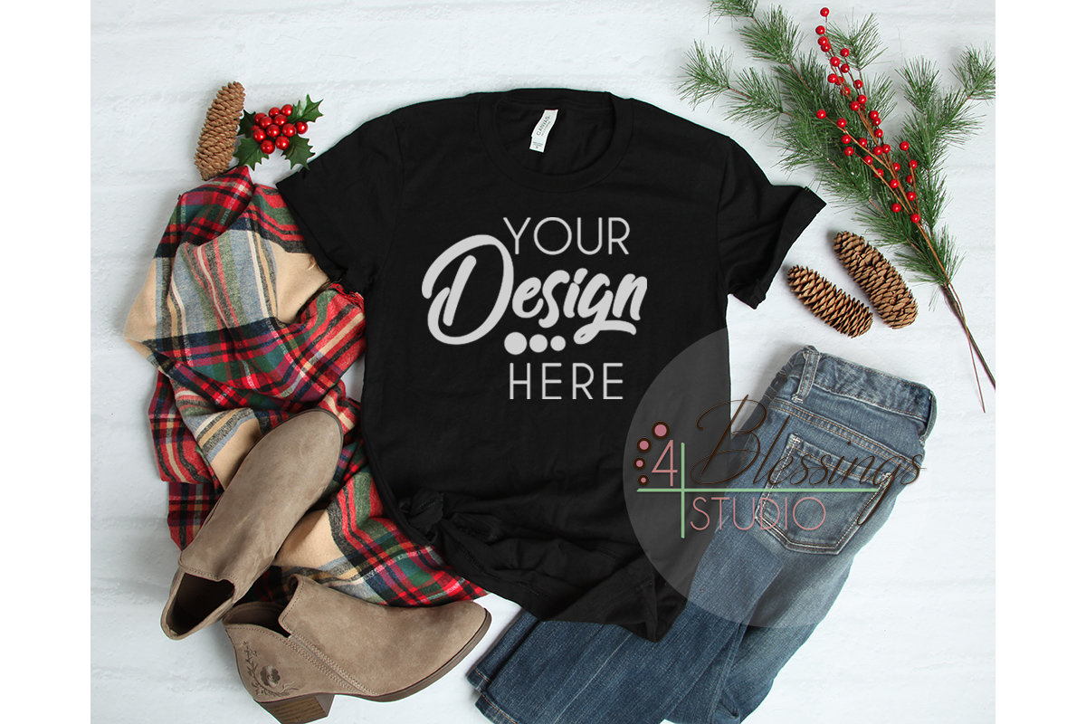 Download Christmas Black TShirt Bella Canvas Mockup 3001 Ladies