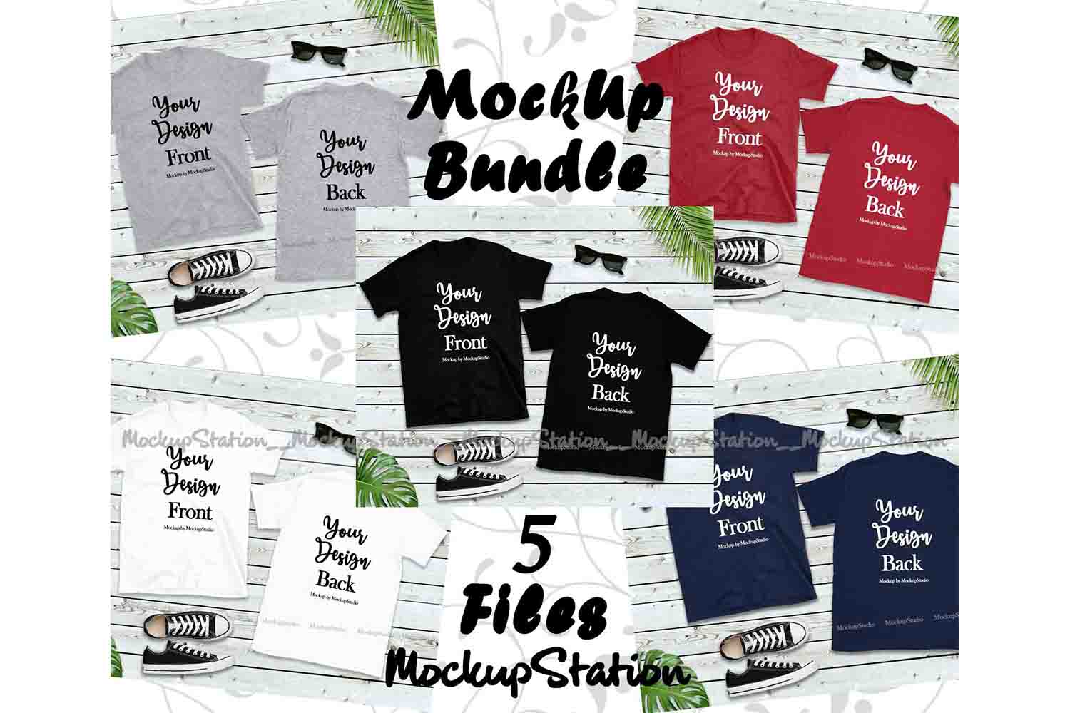 Download Front & Back Blank Tshirt Mockup Bundle, 5 Colors Gildan Tee (197949) | Mock Ups | Design Bundles