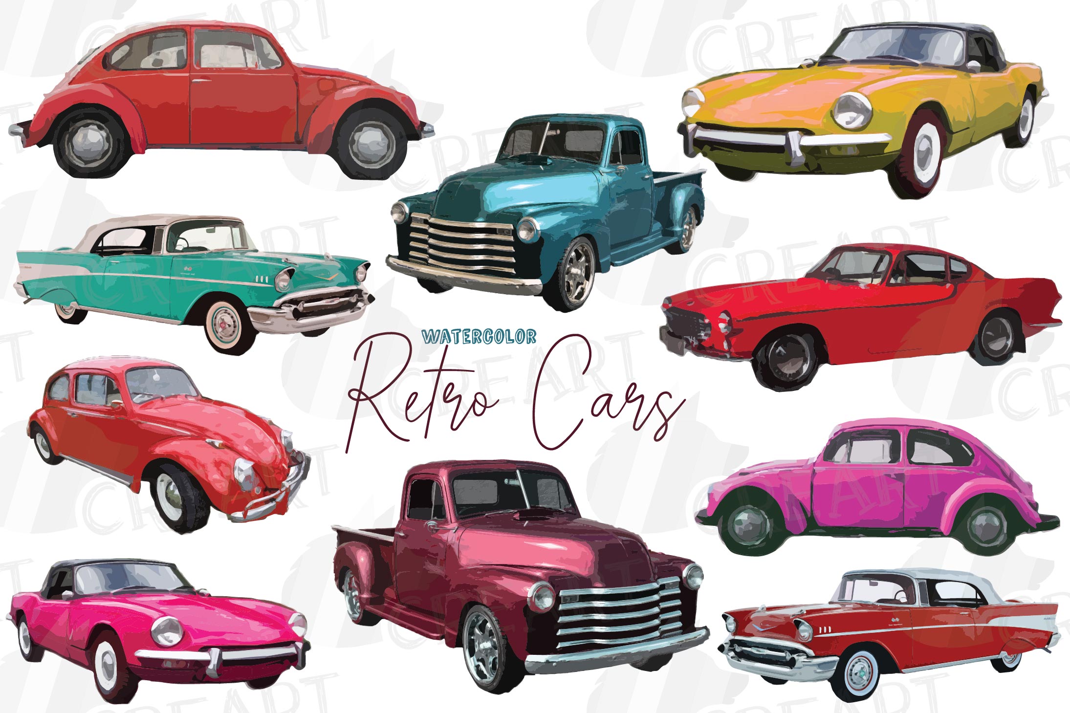 Vintage Cars Decor Clip Art Watercolor Classic Cars Nursery