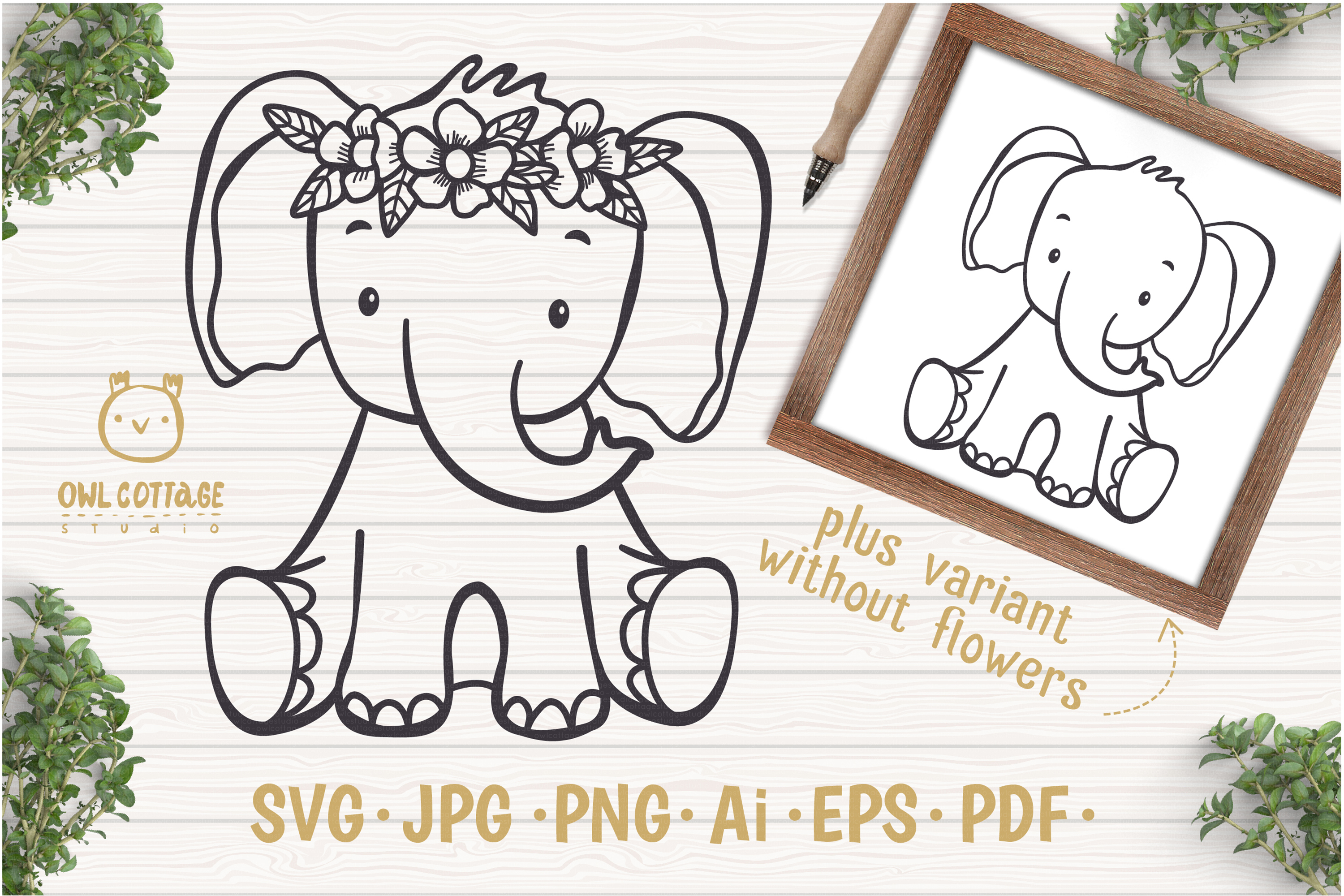 Little Elephant with Flowers Crown Svg , Baby Elephant Cut F