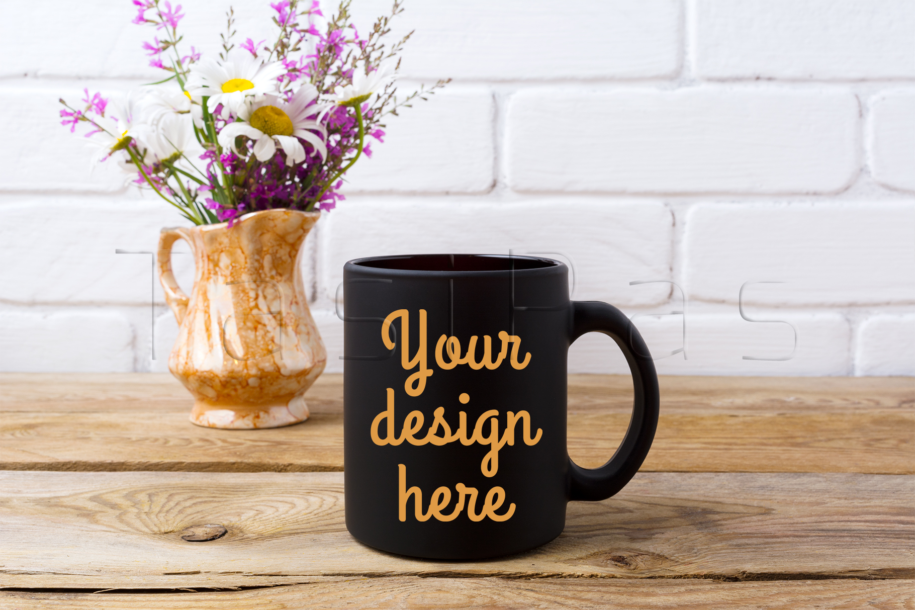 Download Black coffee mug mockup with white chamomile and purple ...