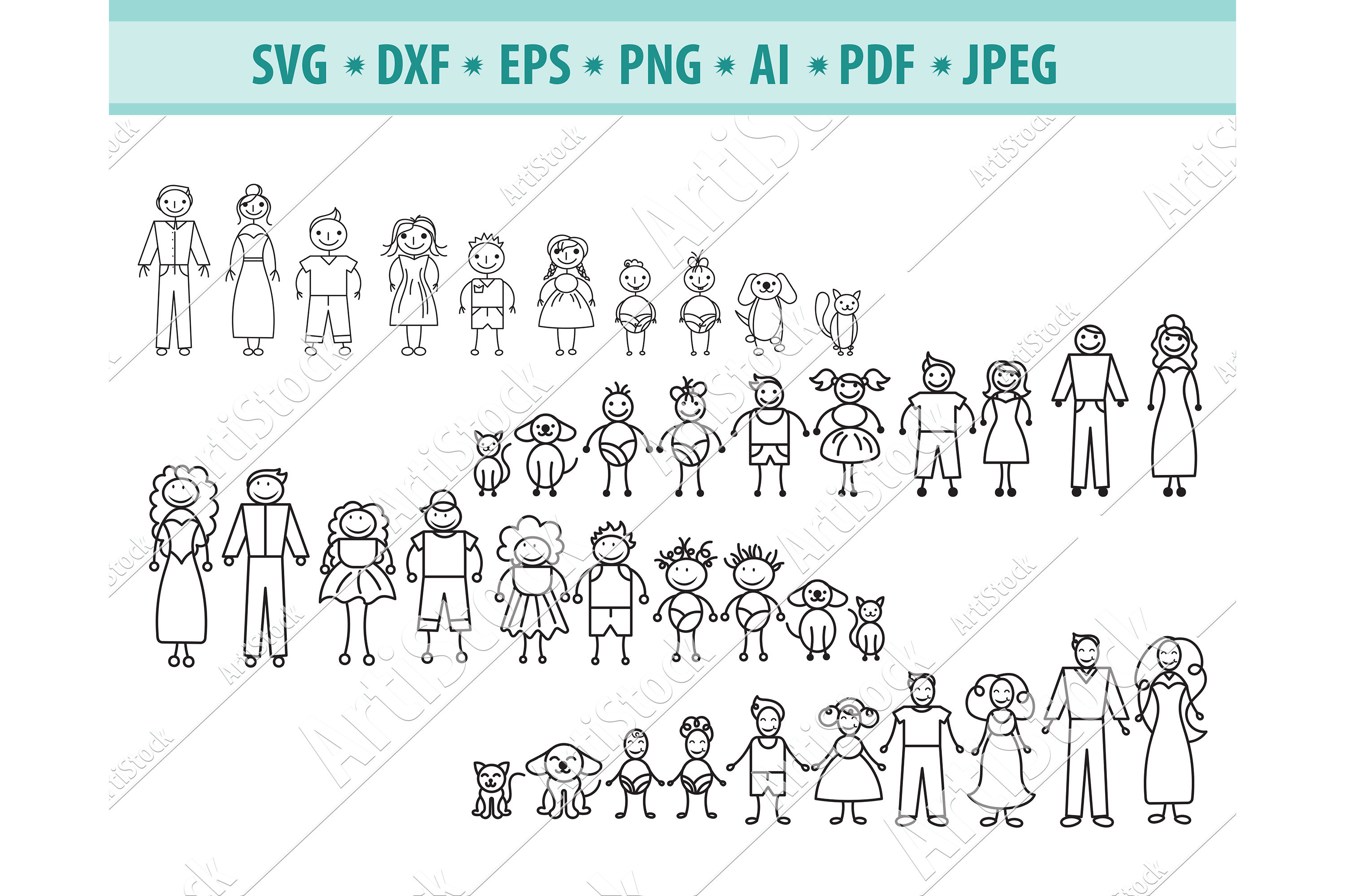 Stick family svg, Cute figures Png, Family clipart, Dxf, Eps