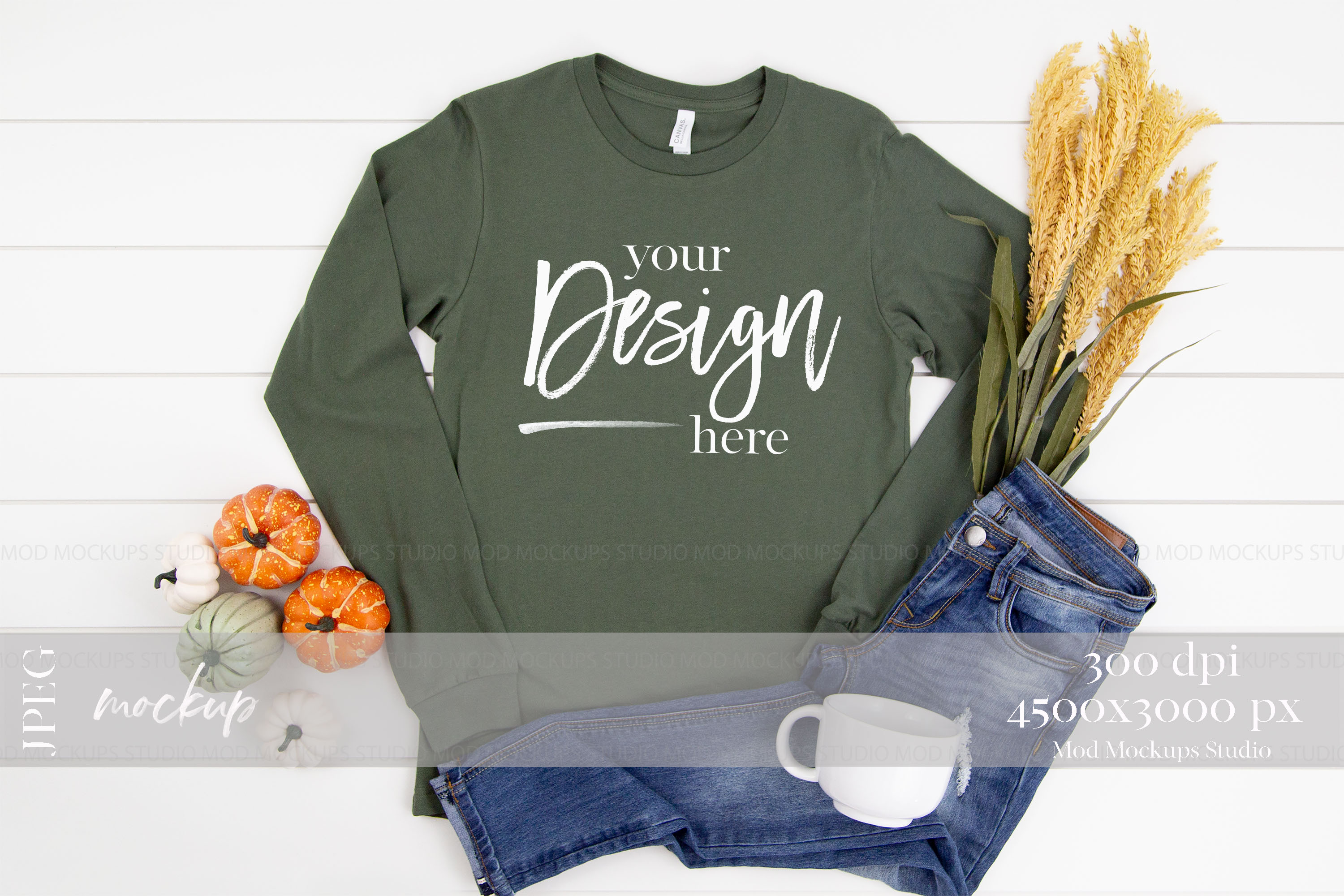 Long Sleeve Tshirt Mockup Military Green | 3501 Bella Canva