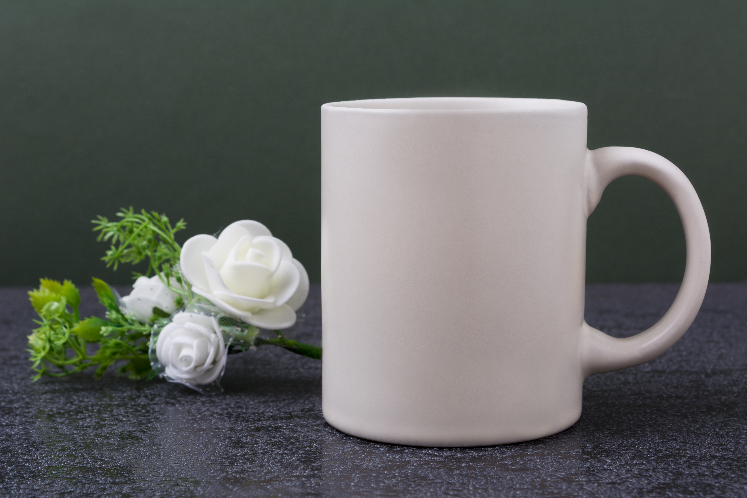 White coffee mug mockup with white roses