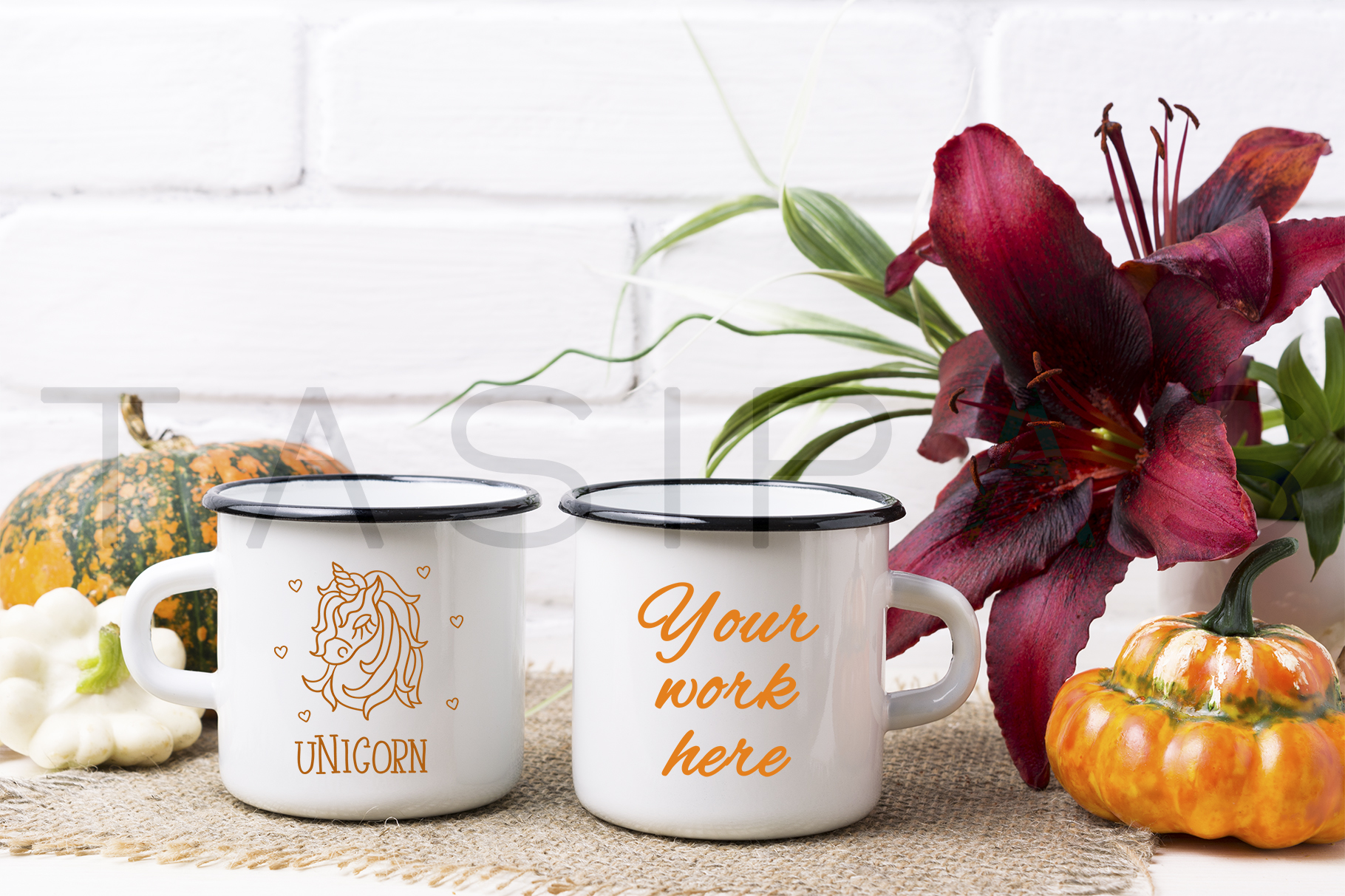 Download Two white campfire enamel mug mockup with pumpkin and lily. (154048) | Mock Ups | Design Bundles